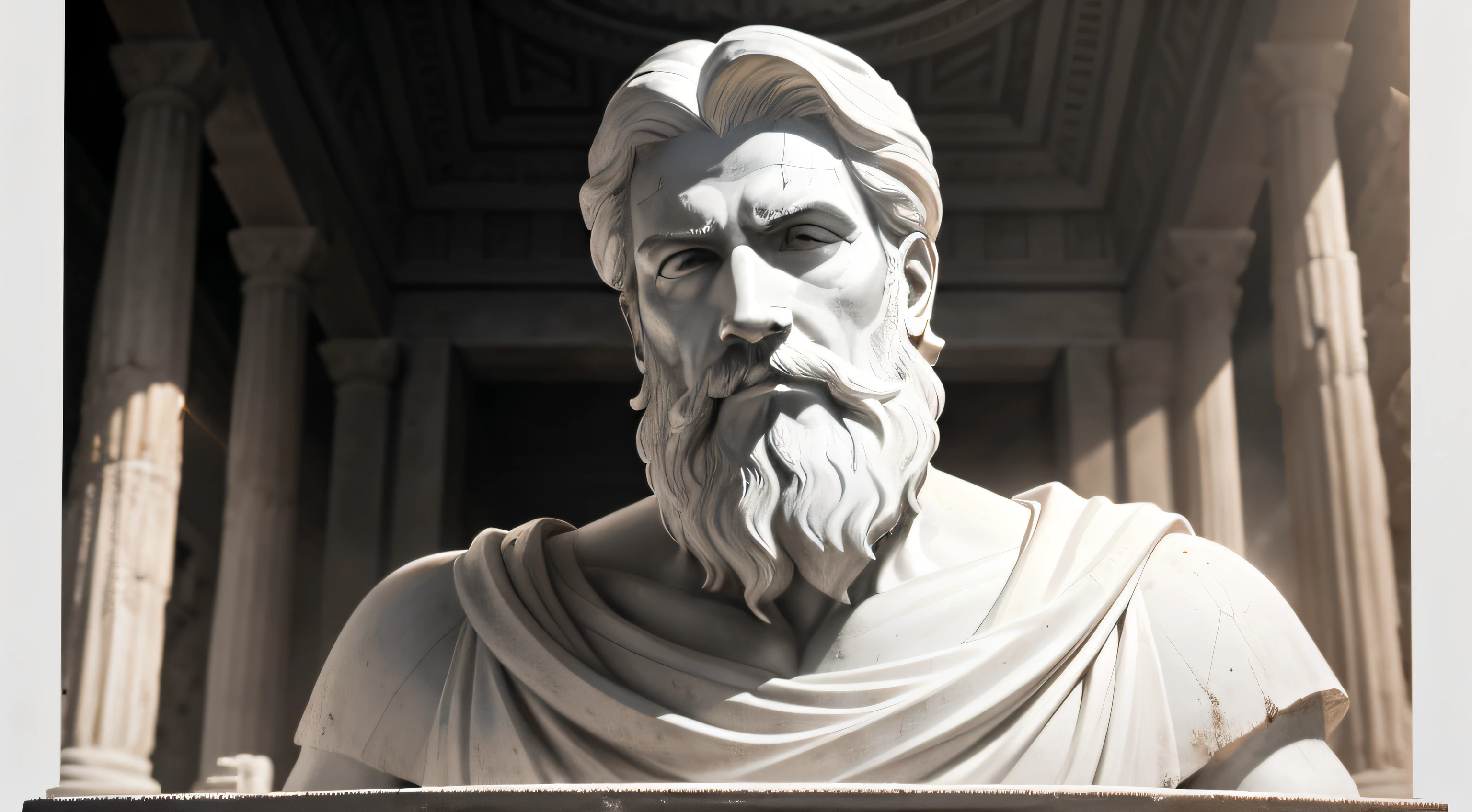 Marble sculpture portrait of the face of the philosopher Epictetus in a partially destroyed ancient temple. Epictetus has quiet features and a long white beard, with simple clothes from Ancient Greece. The sculpture is illuminated by rays of light that create a strong contrast with the shadows of the ruined temple in the background. The scene conveys the resilience and timelessness of Epictetus' Stoic teachings. The image has epic cinematography and lighting in monochromatic tones, como uma fotografia profissional em preto e branco."