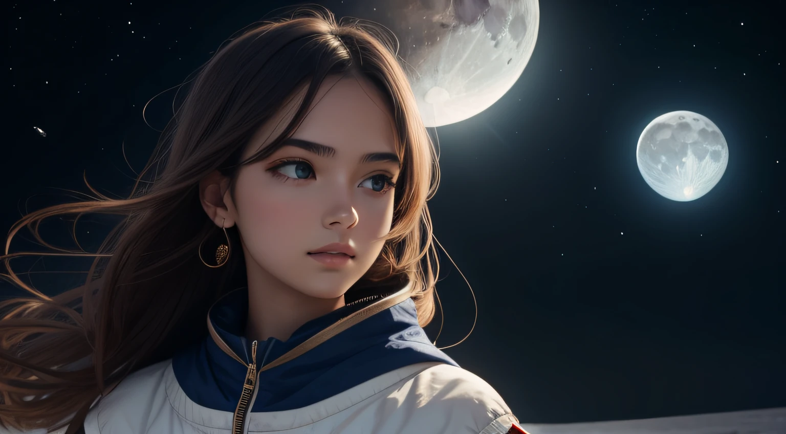 Beautiful girl on the background of the moon