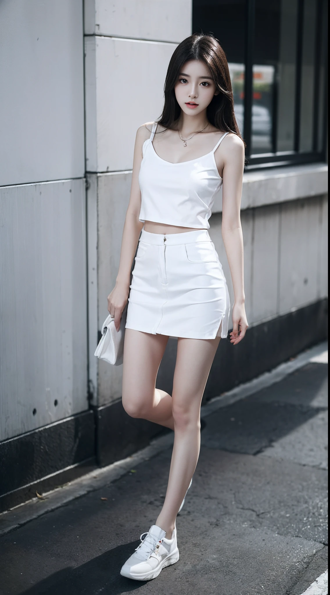top Quority,Ultra-clear resolution,Clear eyes,plain face,s the perfect face,White skin,Perfect chest,with perfect legs,Long legs,black short skirt,Random environment