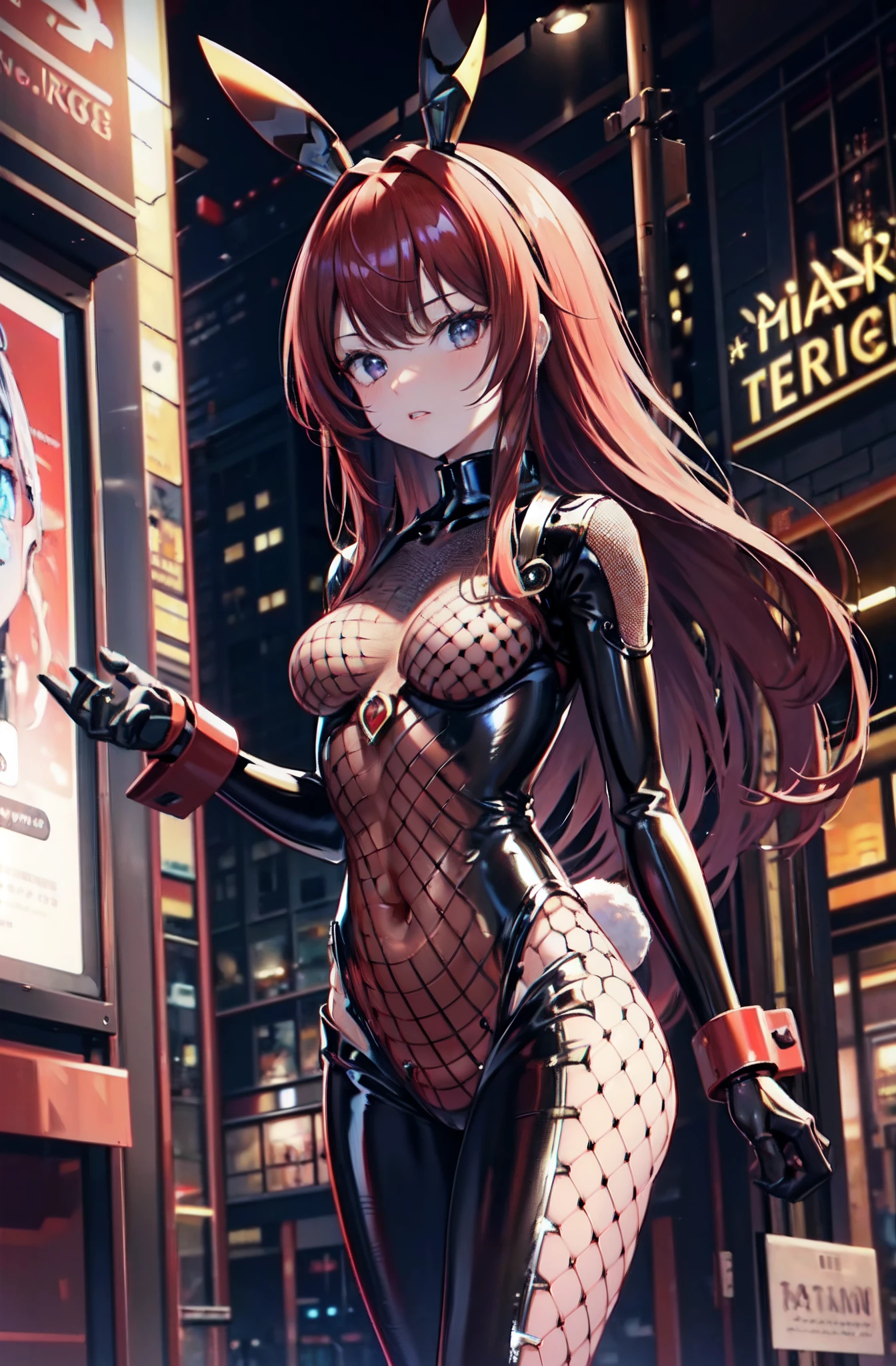 masterpiece face, masterpiece eyes, (red long hair), (feminine machine body), (black machine joints, Mechanical skelton and Artificial muscle), mechanical skin, machine flanks, (Machine internal structure exposure:1.2), (fishnet bodysuit:1.3), rabbit ears, rabbit tail, cowboy_shot, side focus, shiny, cyber punk, Masterpiece, best quality, captures a super cute moment, depth of field, ultra detailed, ultra high resolution, C4D, Octadale, 3D modeling, 8k, 16k,