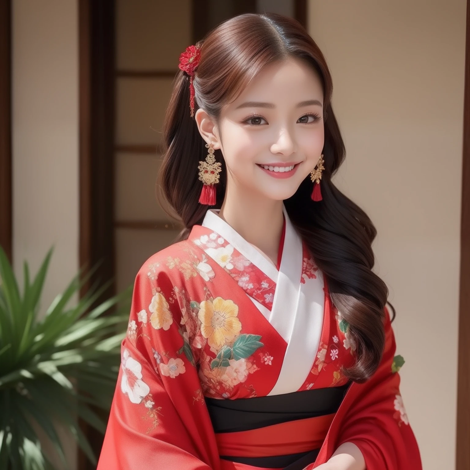 ((花魁))、red kimono、Beautie、Fancy hair ornaments、Shoulders are protruding、HDTV、Super beautiful、1人、front-facing view、Full body view、((Young 1.3))、Flashy kimono、glossy、​masterpiece、bewitching、smil、