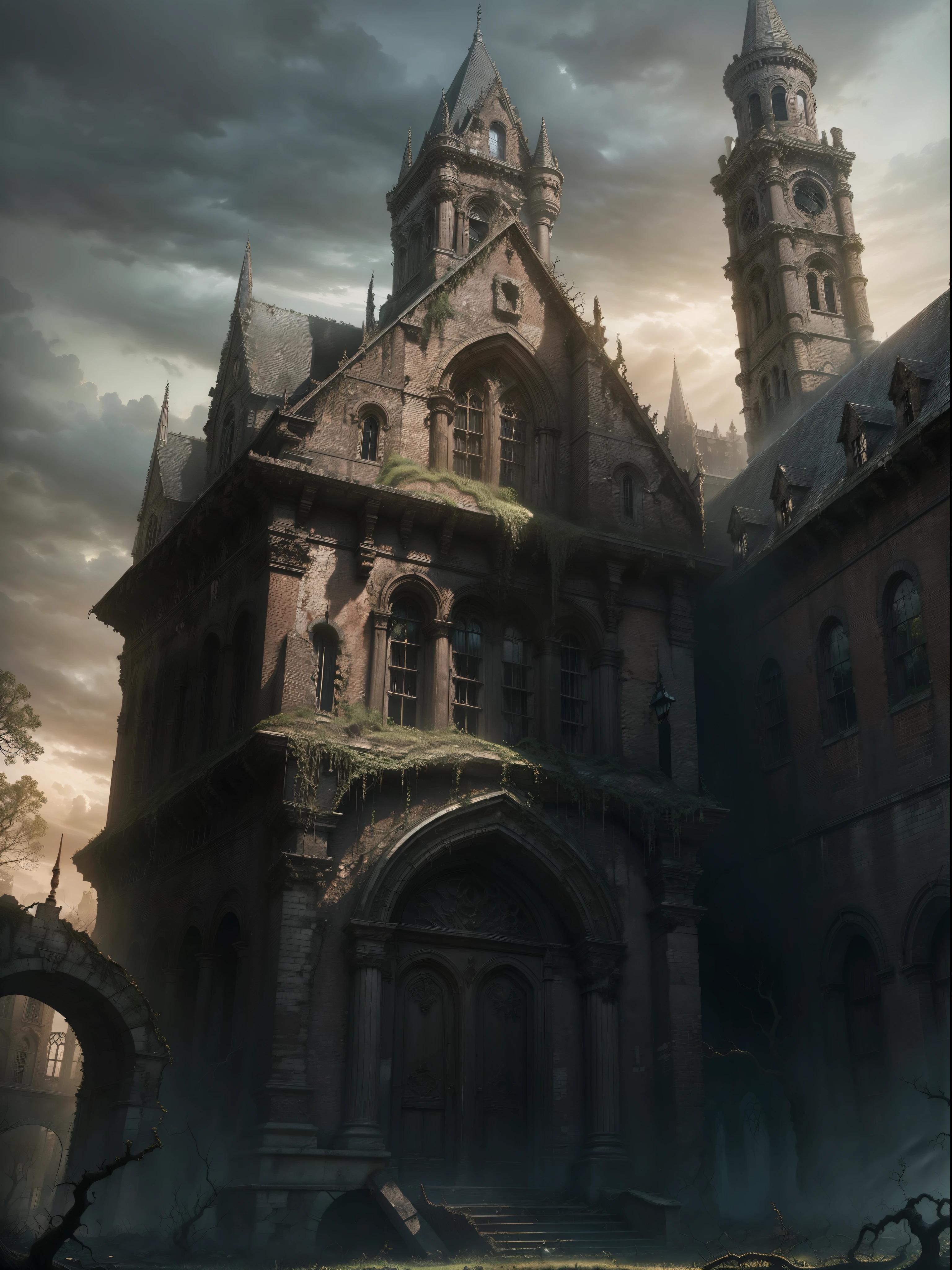 Once glorious grand school of magic is now in ruins and decaying, dark clouds, vines growing on the building, horde of beasts surrounding the building