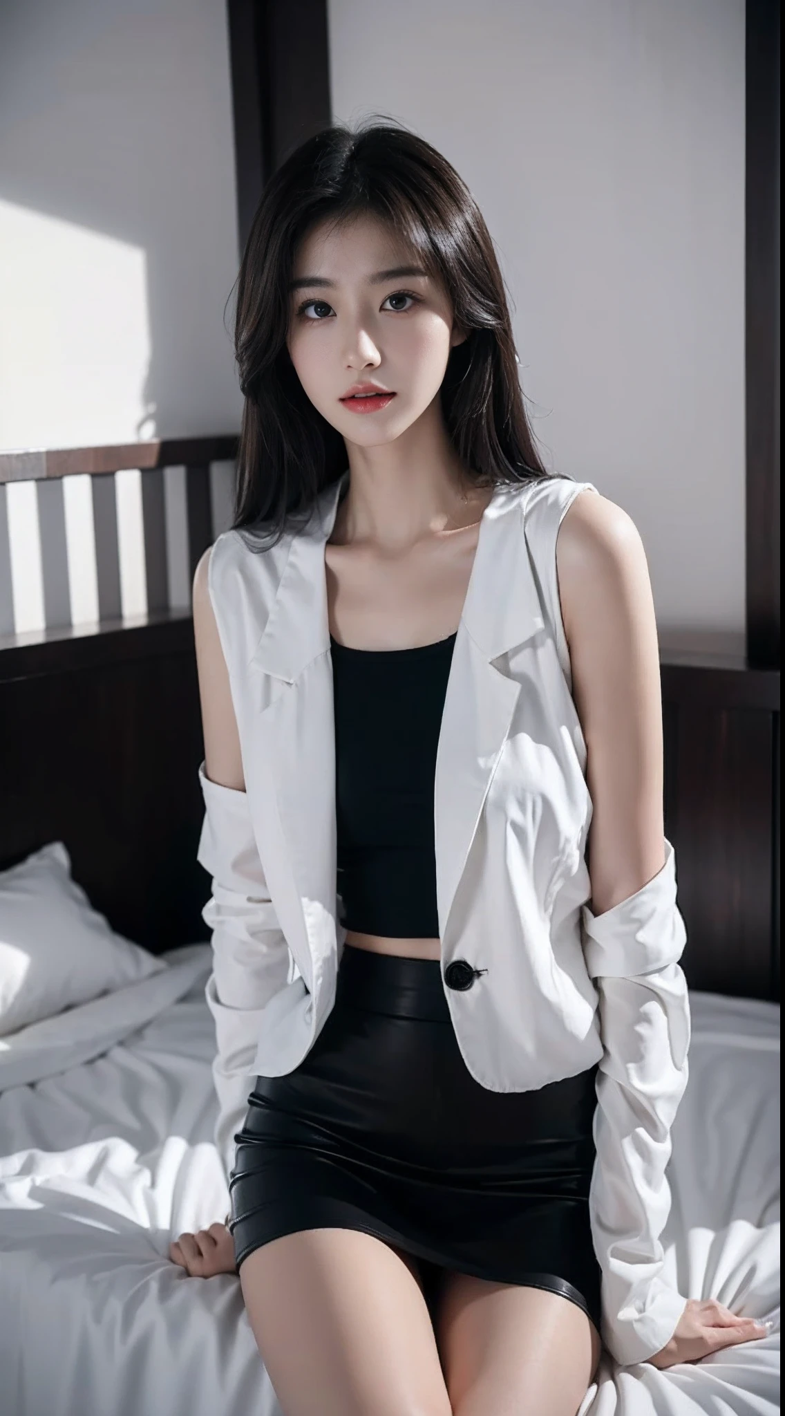 top Quority,Ultra-clear resolution,Clear eyes,plain face,s the perfect face,White skin,Perfect chest,with perfect legs,Long legs,black short skirt,Random environment