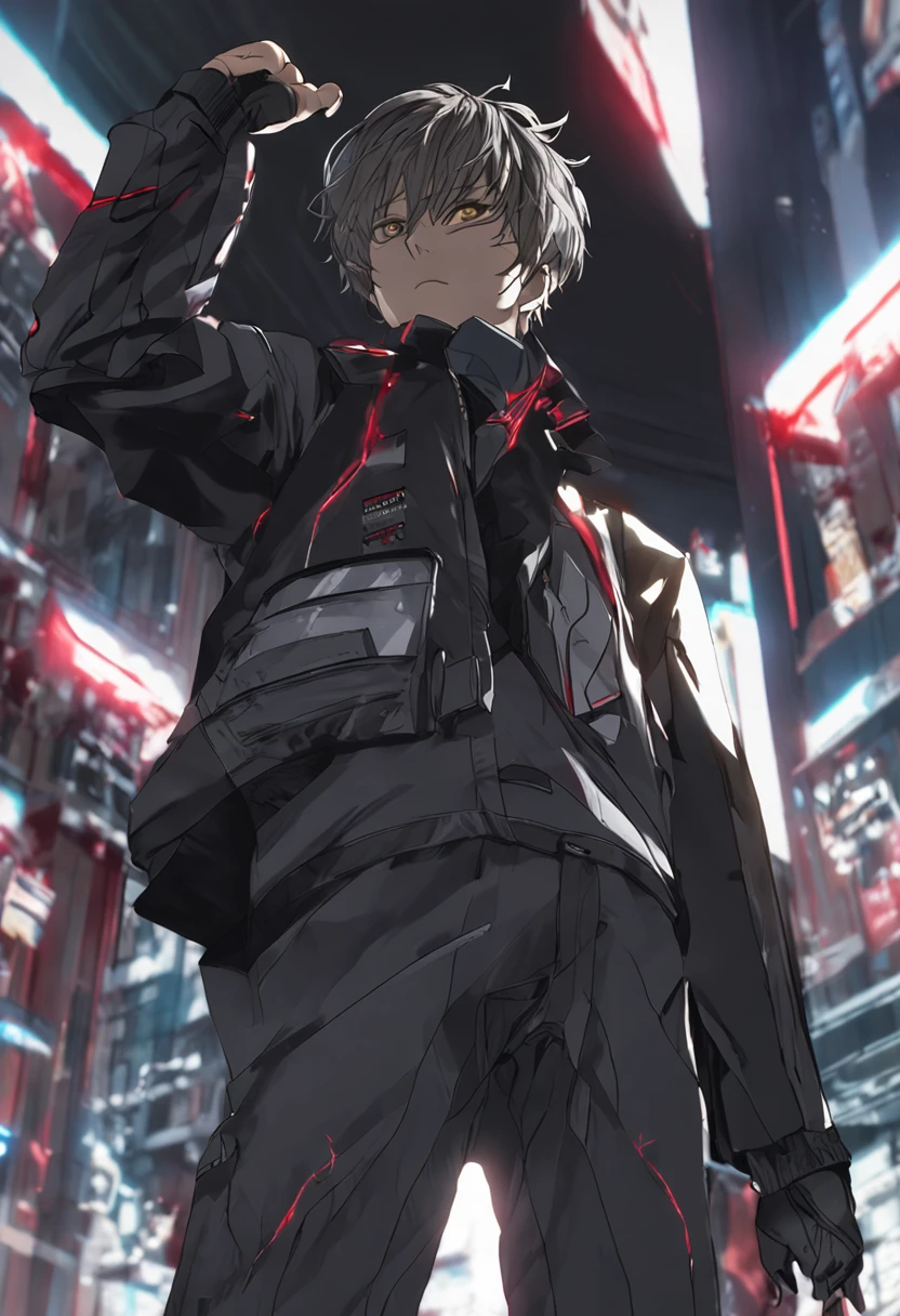 akechi_gorou, winter_uniform, 1boy, tiese, streaked_tiese, mitts, black_mitts, Pants, black_Pants, Solo, Male focus, Masterpiece, Best quality, 4K, 8K, Cinematic lighting, Soejima Shigenori, horror, blood_on_face, black_wings, zombies