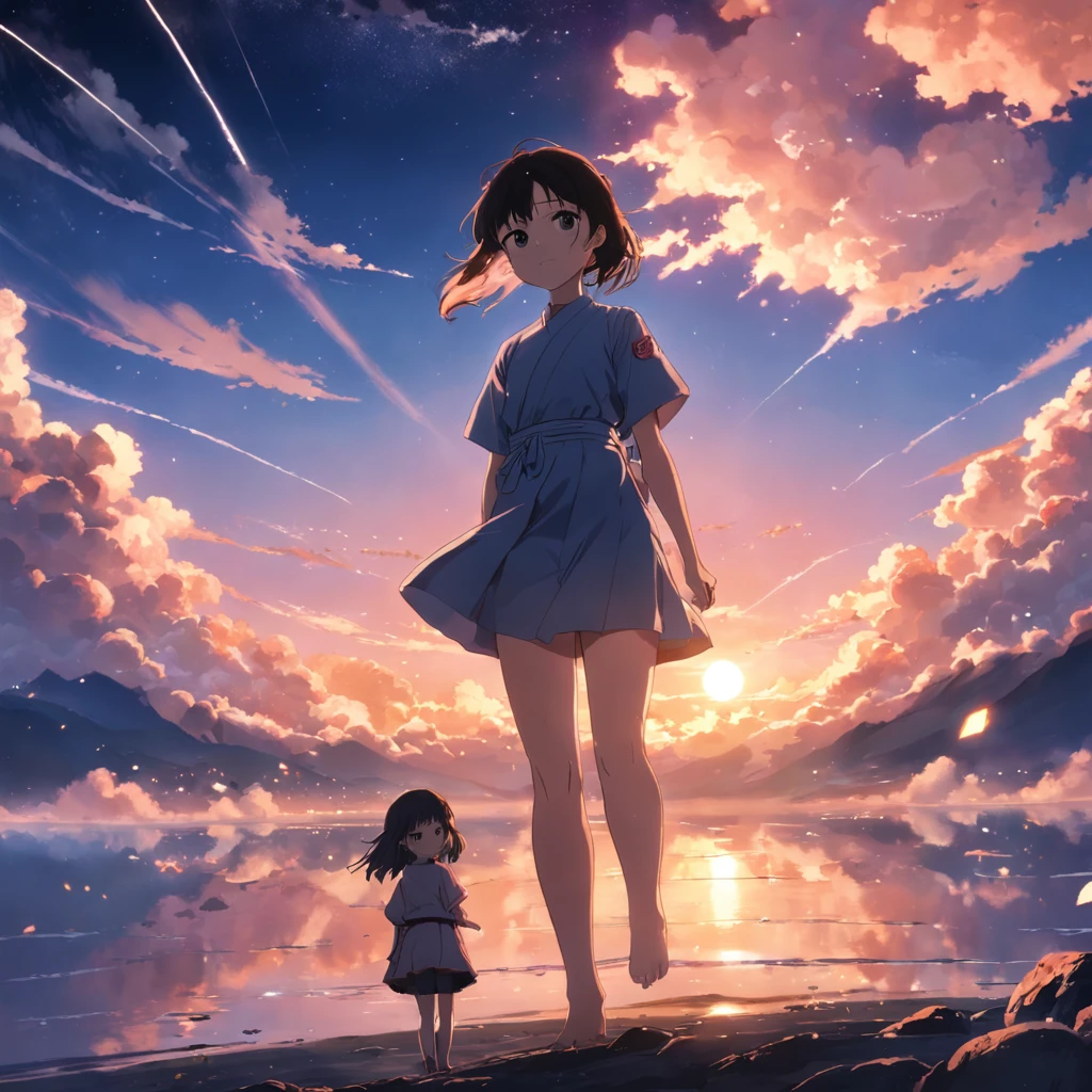 masterpiece、top-quality、Movie stills、1girl、japanes、male people、云、floating in sky、a closeup、发光、happiness、Warm soft lighting、the setting sun、(Spark:0.7)
