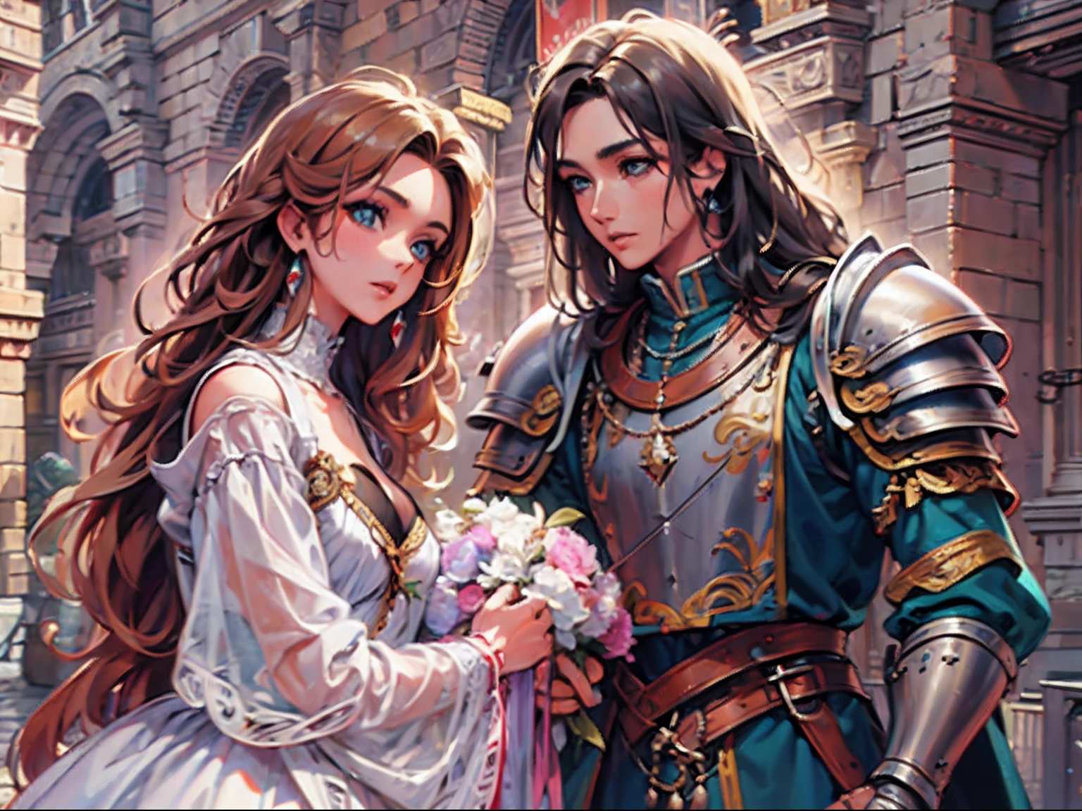 arafed, high details, best quality, 16k, [ultra detailed], masterpiece, best quality, (extremely detailed), dynamic angle, ultra wide shot, RAW, photorealistic, a wide angle picture of a wedding between a knight and her prince in medieval castle, a female human knight, pic beautiful human woman (best details, Masterpiece, best quality), ultra detailed face (best details, Masterpiece, best quality), blond hair, long hair, wavy hair, green eyes, wearing heavy mecha armor, mechanical parts white armor, intricate details armor (best details, Masterpiece, best quality), white metallic armor, armor shines BREAK, [[and]] a human male prince, beautiful human man (best details, Masterpiece, best quality), ultra detailed face (best details, Masterpiece, best quality), black hair, short hair, blue eyes, wearing, medieval style clothes (best details, Masterpiece, best quality), noble clothes, fantasy castle background, Ultra-Wide Angle, high detail, award winning, best quality, HD, 16K, 3D rendering, high details, best quality, highres, ultra wide angle, 3D rendering, [[anatomically correct]]