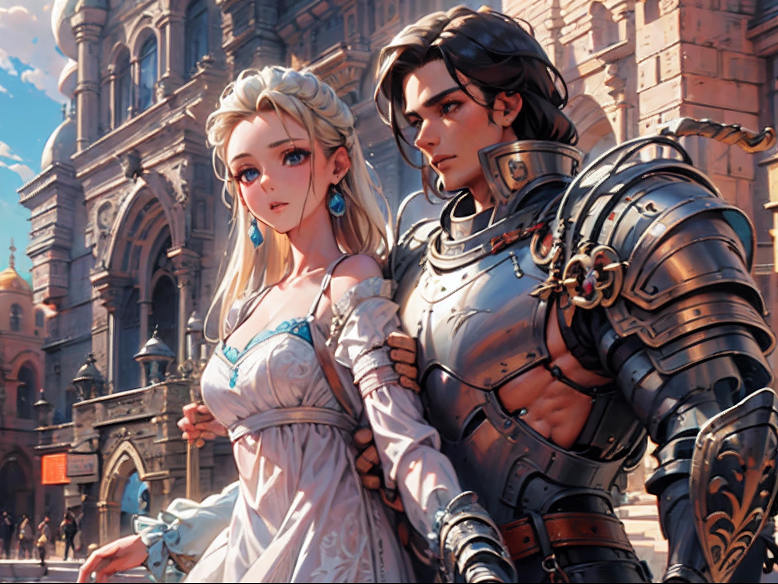 arafed, high details, best quality, 16k, [ultra detailed], masterpiece, best quality, (extremely detailed), dynamic angle, ultra wide shot, RAW, photorealistic, a wide angle picture of a wedding between a knight and her prince in medieval castle, a female human knight, pic beautiful human woman (best details, Masterpiece, best quality), ultra detailed face (best details, Masterpiece, best quality), blond hair, long hair, wavy hair, green eyes, wearing heavy mecha armor, mechanical parts white armor, intricate details armor (best details, Masterpiece, best quality), white metallic armor, armor shines BREAK, [[and]] a human male prince, beautiful human man (best details, Masterpiece, best quality), ultra detailed face (best details, Masterpiece, best quality), black hair, short hair, blue eyes, wearing, medieval style clothes (best details, Masterpiece, best quality), noble clothes, fantasy castle background, Ultra-Wide Angle, high detail, award winning, best quality, HD, 16K, 3D rendering, high details, best quality, highres, ultra wide angle, 3D rendering, [[anatomically correct]]