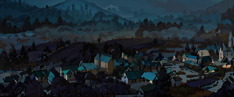 Town painting with mountains as a background, countryside city scene, anime countryside landscape, Detailed scenery —width 672, silvain sarrailh, town background, Illustration matte painting, cushart krentz, landscape artwork, krenzcushart, distant village background, Anime landscape concept art, environment painting, Anime landscape, immensely detailed scene,best quality, ultra-detailed, highres，best quality, ultra-detailed, highres，In a small town called 'Saint Claire', it is often shrouded in dark weather. It is sparsely populated and not far away, adjacent to dense forests. There is a historic monastery called the Vincejo Monastery. It stretches like a huge beast in this forest, and its history can be traced back to the Middle Ages, when it was a famous religious institution where many priests and nuns were educated. And now, this monastery has been vacant for decades, and its exterior has begun to decay. It is said that the people of St. Claire have witnessed the flickering lights of the Vincejo Abbey in the distance multiple times, and there are also occasional disturbances from unknown objects in the forest. This attracted some adventurers, but some of them did not return, while others did not find the entrance to the monastery forest.，atmosphere ; mood ; vibes ; aura，Suppression, oppressive atmosphere, terrifying atmosphere, twilight moment，A terrifying atmosphere，monastery，n the distance, there are mountains, （forests：1.4）, monasteries, and dense deep forests，（forest：1.5），Terrifying atmosphere，Evening dusk，Oppressive atmosphere