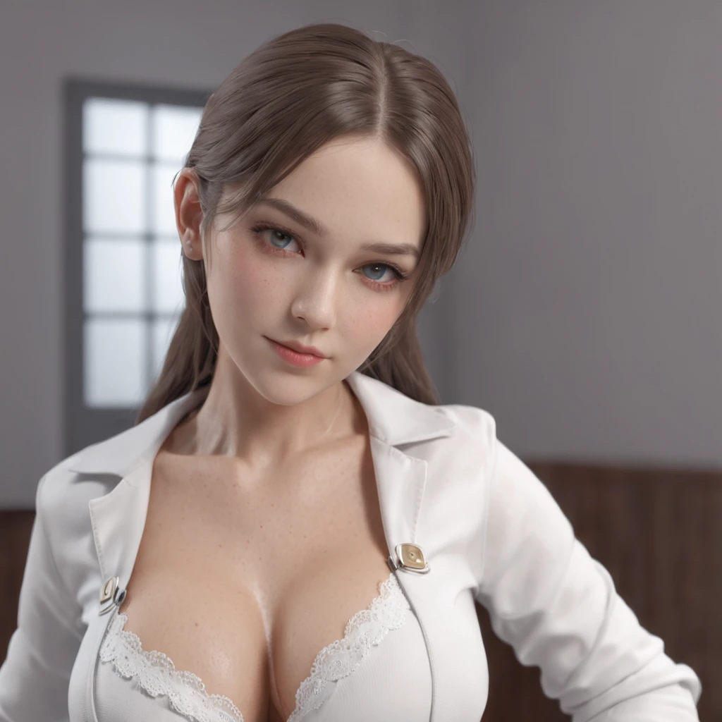 ((Professional 3D rendering:1.3)Virgem Maria em uma pose quente e sensual, irradiando sensualidade, blush, solo, corpo inteiro, realista),russian, full body, (8k, best quality, masterpiece, realistic), (photorealistic:1.29), ultra-detailed, 1girl, huge breasts, sailor school uniform, white lingeries, in the classroom, [smile], (closed mouth), deep blue eyes, grey hair, forehead,from behind,