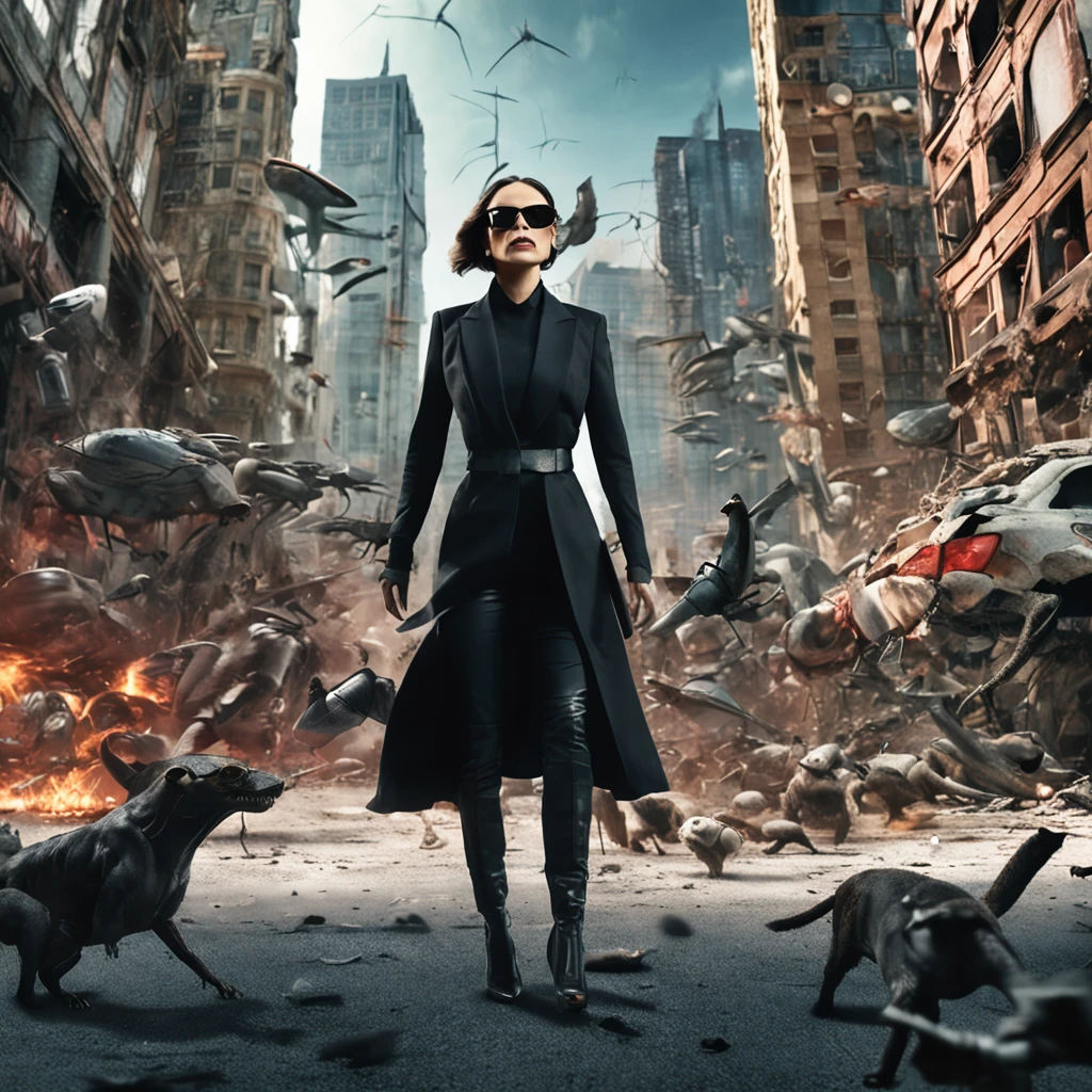 best quality, master part, ultrahigh-resolution, (fotografia realista:1.4), Surrealismo, Semelhante a um sonho, FusionArt. Photograph of futuristic secret agent woman in Black suit in style of MIB movie with sophisticated sunglasses fighting against hundreds of strange futuristic creatures by Hieronymus Bosch on post-apocalyptic ruined street. Iconic location in Sci-fi scenario
