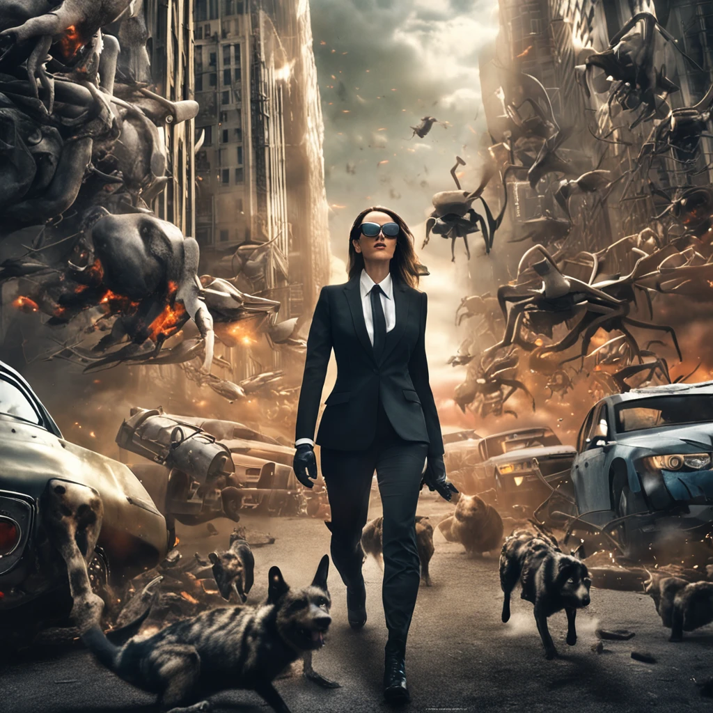 best quality, master part, ultrahigh-resolution, (fotografia realista:1.4), Surrealismo, Semelhante a um sonho, FusionArt. Photograph of futuristic secret agent woman in Black suit in style of MIB movie with sophisticated sunglasses fighting against hundreds of strange futuristic creatures by Hieronymus Bosch on post-apocalyptic ruined street. Iconic location in Sci-fi scenario