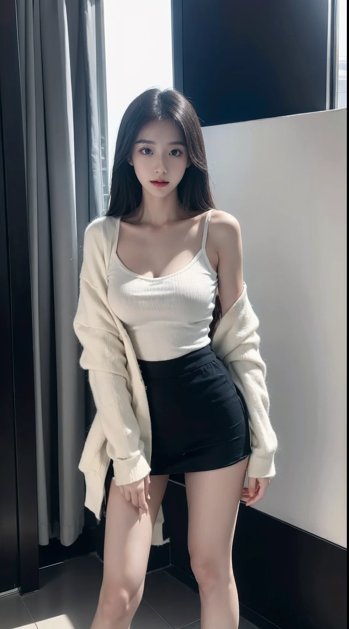top Quority,Ultra-clear resolution,Clear eyes,plain face,s the perfect face,White skin,Perfect chest,with perfect legs,Long legs,black short skirt,Random environment