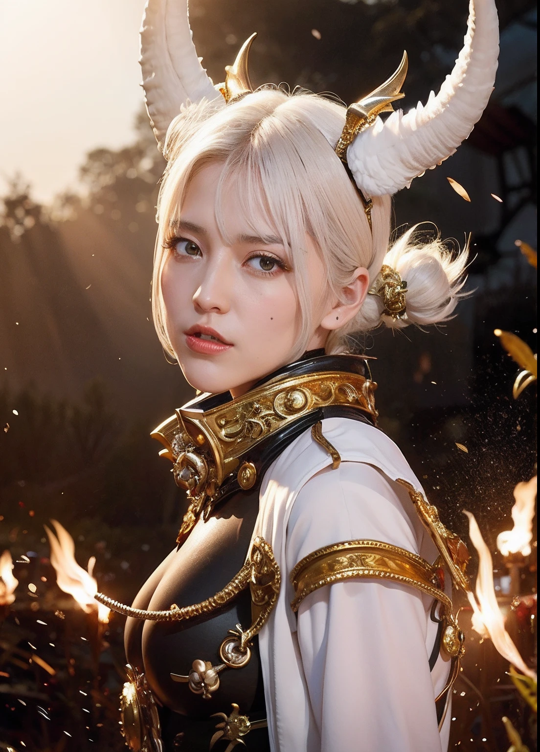 Professional , ​masterpiece、top-quality、photos realistic , depth of fields 、（White Gemstone Body:1.９),(Matte White、（cleavage of the breast）、Jewel Gold Weapon、Particles of light、Gemstone Body White:1.４),Gorgeous gold weapons ,（（ Dragon dense and gorgeous dragon sword）） , （demonic wings）   ,warhammer 40k 、（（White hair））、（Castle background）、（demonic wings）、（（Gangle's forest background））、Beautiful Caucasian beauty、１a person、dynamic ungle,(((Two devil's horns on the head)))、Smaller head、Idle Smile、Thin and beautiful female hands、cleavage of the breast、Mystical expression、Light Effects、intense fighting、Wind-effect、magic circles、With the legendary magic wand、Dragon's tail、