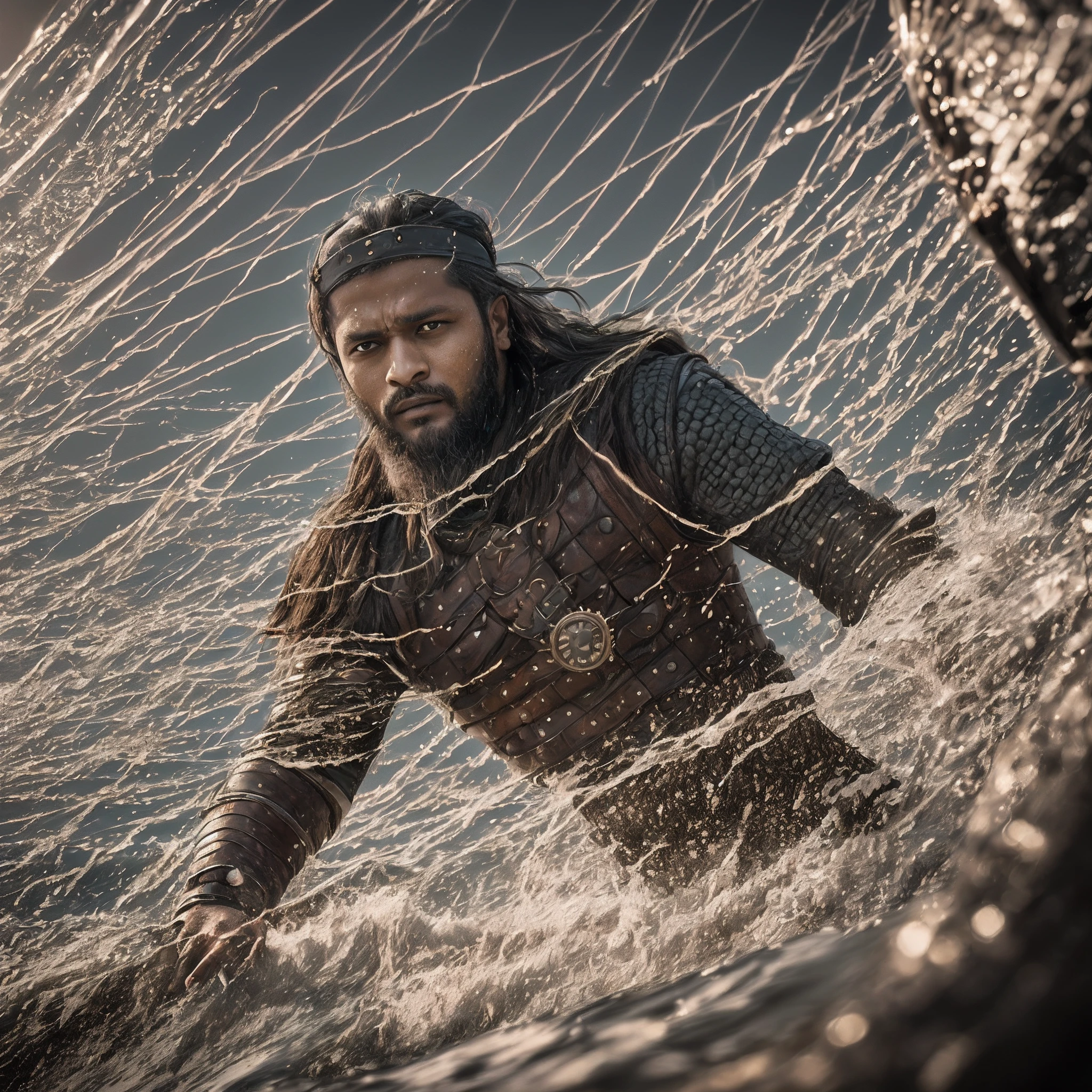 Realistic 16k image of Shakib al hasan as Ragnar Lothbrok (with black hair) onboard a viking longship, ((low angle hero shot)), (Upper body closeup), show Shakib as Ragnar navigating treacherous waters, Shakib al hasan as Ragnar is navigating his crew, show Shakib al hasan commanding the ship crew, this scene will be dark and scary, highlighting Shakib al hasan sailing on treacherous waters, dark tones with moonlit seas, dark and intimidating atmosphere like Viking series colour tone, ((sharp focus on portrait)), (balanced composition), high quality and realistic image, cinematic style, ((Best quality, 8k, Masterpiece), rough face, detailed skin, masterpiece, professional photography, (high detail:1 1), natural skin, (detailed face and eyes), (face: 1 2), noise, real photo, film photography, high resolution, 8k, realistic, 8k UHD, SLR camera, high quality, film grain, (Fujifilm X-T20, Fujifilm Fujinon XF 50mm f/2 R WR lens, Lens focal Length 50mm, Shutter speed 1/300 sec, APERTURE: 2, ISO: 80), volumetric lighting, dark background, dark fantasy, highly detailed, sharp focus, shallow depth of field, bokeh, blurry background, high contrast, contrast lighting, (dim colours), exposure blend, (dusty:1.3) --auto --s2