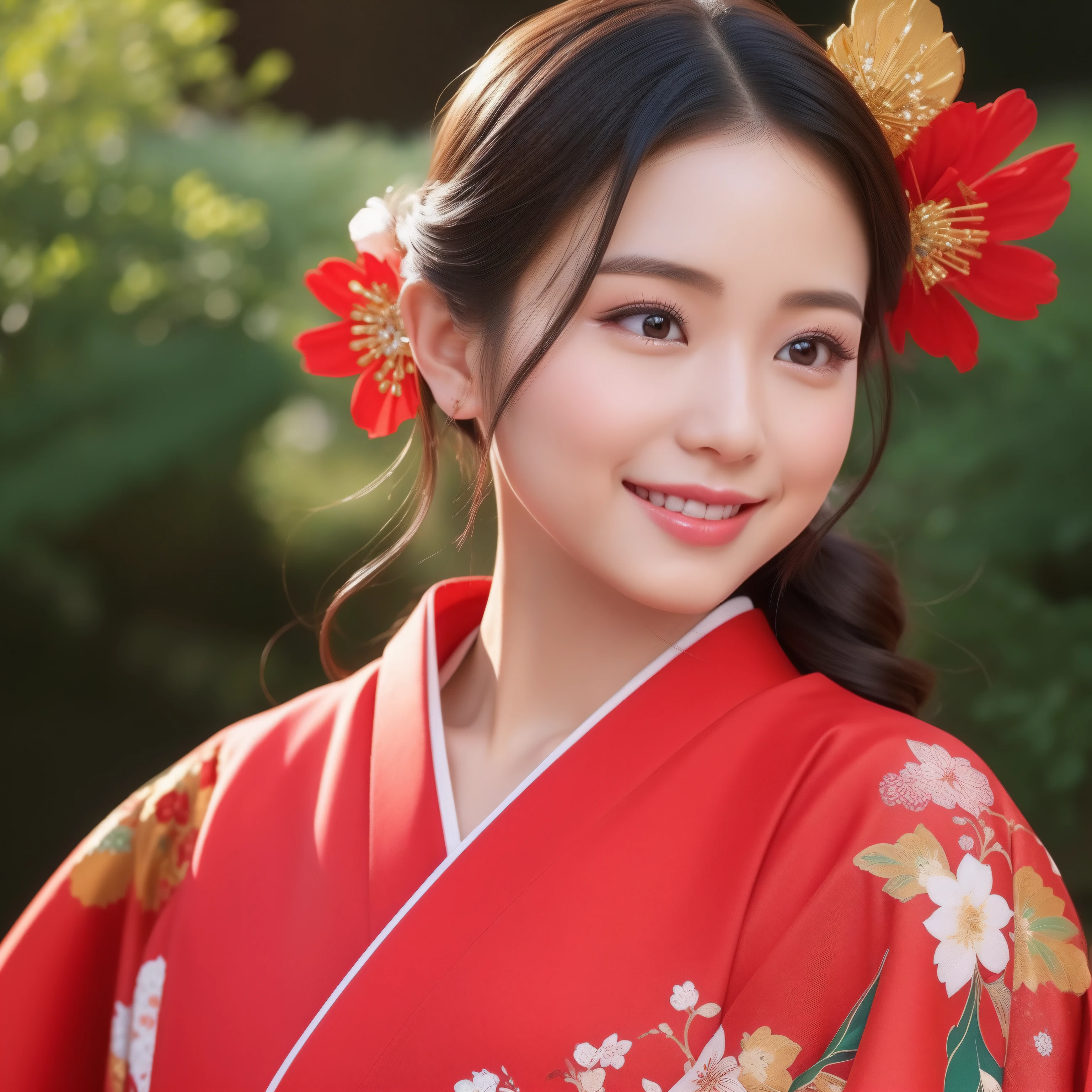 ((花魁))、red kimono、Beautie、Fancy hair ornaments、Shoulders are protruding、HDTV、Super beautiful、1人、front-facing view、Full body view、((Young 1.3))、Flashy kimono、glossy、​masterpiece、bewitching、smil、