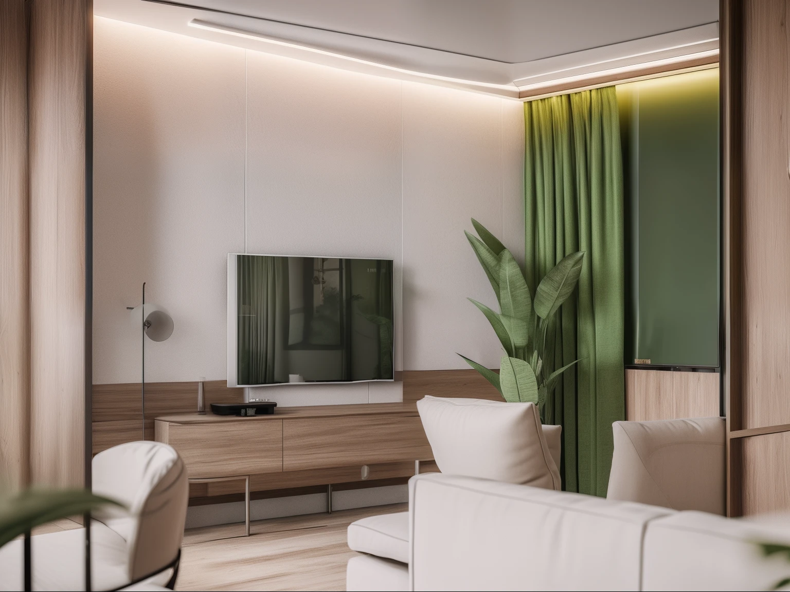 Masterpiece, high quality, best quality, authentic, super detail, interior,raw photo,8k,The kitchen , the bar counter is wood-grain, with two glass doors push-pull , the kitchen is adorned with lightning-like patterned stone, beautiful accent LED lights, modern interior design, white sofa, A green plant on the right side next to the TV by the curtain