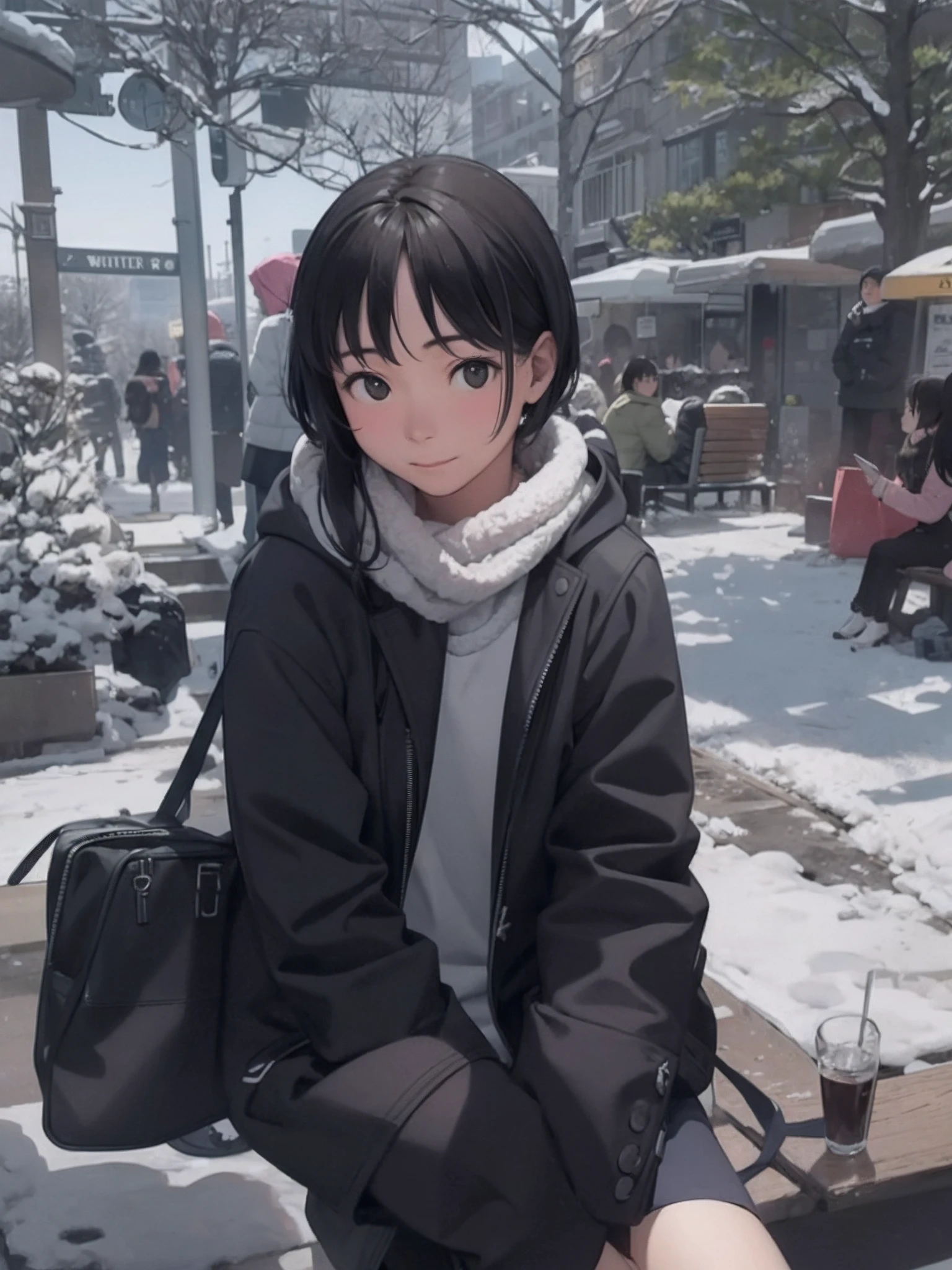 Yuki、Winters、Black Duffel Coat、a park、sit on a bench、relax、Accurate portrait drawing、Accurate model