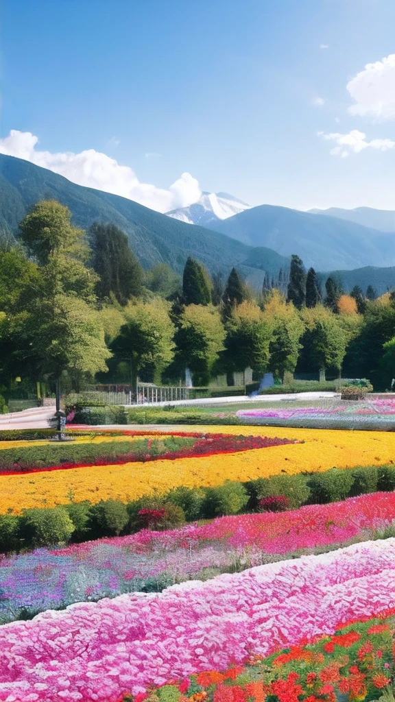 (realisitic),(masterpiece),Lots of colorful flowers blooming at the foot of the mountains,Overwhelming scale
