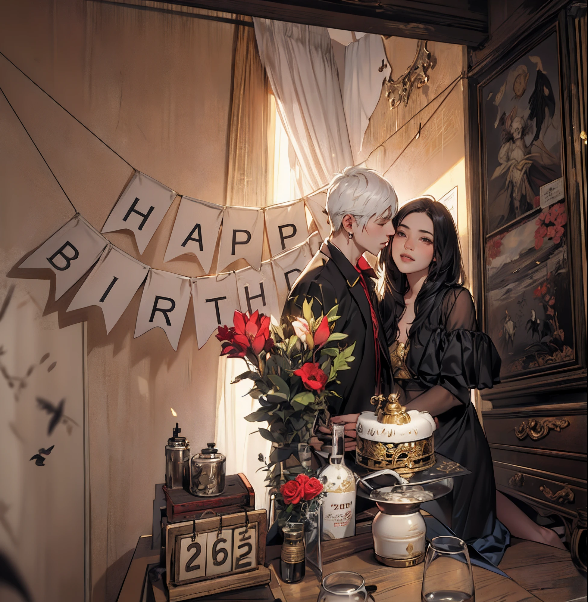 1 boy asian , 1 girl asian ,(An angel,Golden crown,White feathers),(A devil,Skeleton Crown,Black bat wings),Heaven and hell coexist,((Half blooming flowers,Half withered flowers)),Wings,Quantum entanglement,((Hyper-realistic)),Roulette of background fate,intricated,offcial art,masterpiece,high qulity,super-fine,16K resolution,
