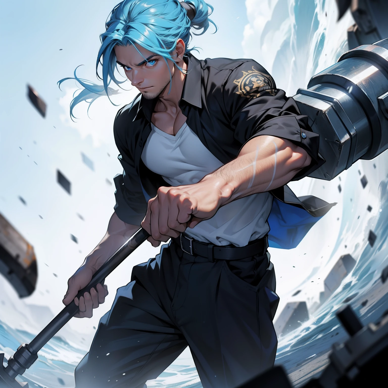 Um garoto de olhos escuros, de cabelo azul escuro, vestindo um casaco branco, com uma camisa preta. Holding a heavy hammer in your right hand