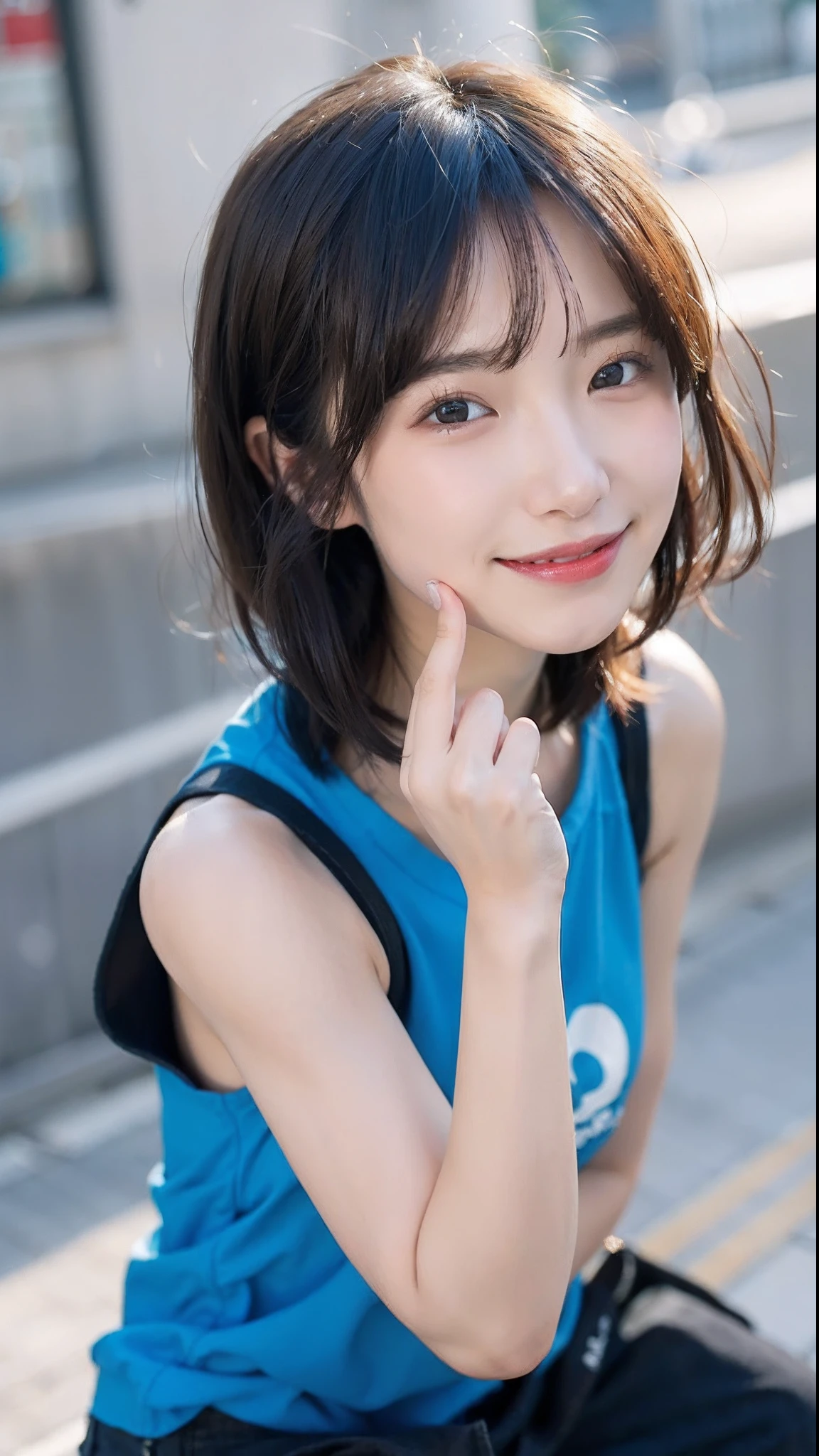(top-quality、8K、32K、masuter piece、nffsw:1.2)、Cute Japan Girl、女の子1人、short-hair、profile、(slim figure:1.2)、(s lips) 、(Black hair)、二重まぶた、shinny skin、Realistic rays、mare、beauitful face、(A smile:1.3)、crouching down、(From above:1.2)、(a closeup:1.4)、shores、Blue T-shirt、blurry backround、(Front Focus)、(Dark: 1.6)、Fantasy Art、photoRealstic、Professional Lighting、extra detailed face、Award-winning、deep-shadows、