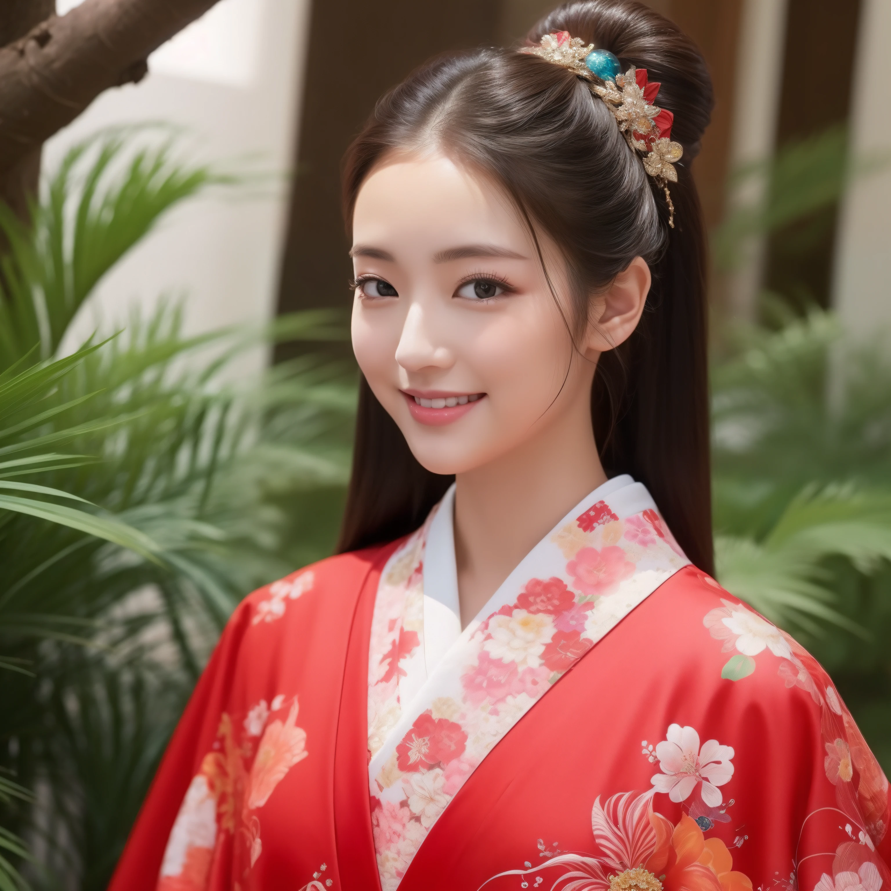 ((花魁))、red kimono、Beautie、Fancy hair ornaments、Shoulders are protruding、HDTV、Super beautiful、1人、front-facing view、Full body view、((Young 1.3))、Flashy kimono、glossy、masterpiece、bewitching、smil、