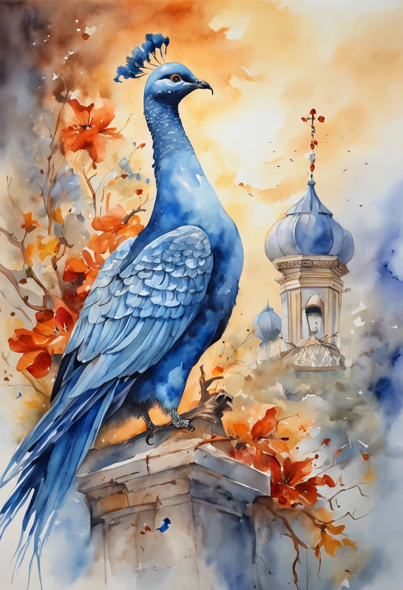 Realistic 8K oil painting of people worshipping under a beautiful metallic blue sky as a majestic dove on fire descends on them