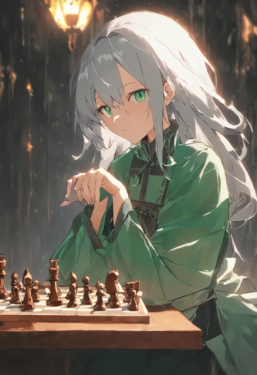 Silver-haired lady, Green eye, Black and white tiles, Playing chess,