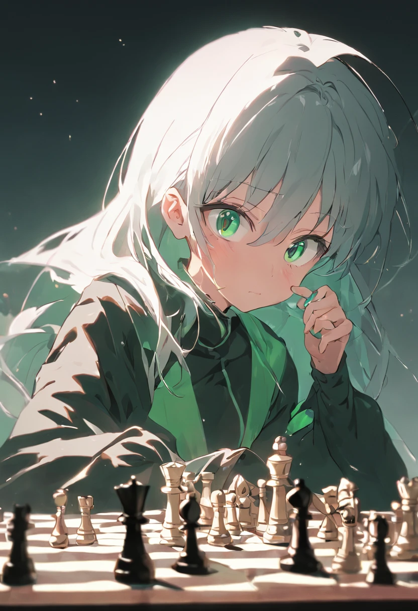 Silver-haired lady, Green eye, Black and white tiles, Playing chess,