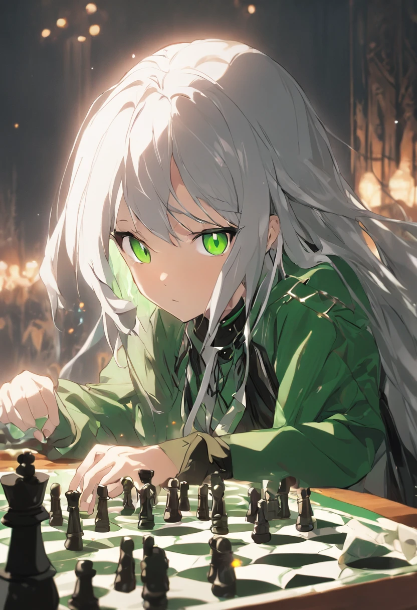 Silver-haired lady, Green eye, Black and white tiles, Playing chess,