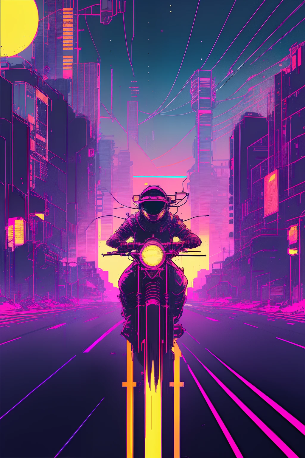 (nvinkpunk:1.2) snthwve style motorcyle, lightwave, sunset, intricate, highly detailed