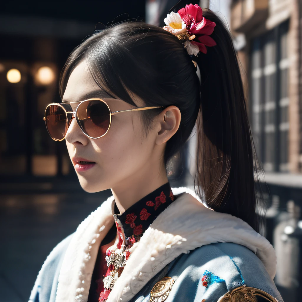 near pond，32K（tmasterpiece，k hd，hyper HD，32K）Burgundy double ponytail，flower stick，Indigo Skull King ，Hold the big G steering wheel （The skeleton is realistic：1.4），Python pattern robe，Silver skull flower ornaments，Sargin linen cloak，Petals flutter，Snow red marble sunglasses，Hold your head high，Be proud，The nostrils look at people， A high resolution， the detail， RAW photogr， Sharp Re， Nikon D850 Film Stock Photo by Jefferies Lee 4 Kodak Portra 400 Camera F1.6 shots, Rich colors, ultra-realistic vivid textures, Dramatic lighting, Unreal Engine Art Station Trend, cinestir 800，Hold your head high，Be proud，The nostrils look at people，Tsundere，Petals flutter，Petals flutter，Sprinkle with gold dust，Fluttering，Impeccable，( reasonable design, Clear lines, High sharpness,Best quality, Very detailed skeleton, The skeleton of a masterpiece, offcial art, movie light effect, 4K skeleton（（（Snow red marble sunglasses）））Snow red marble sunglasses