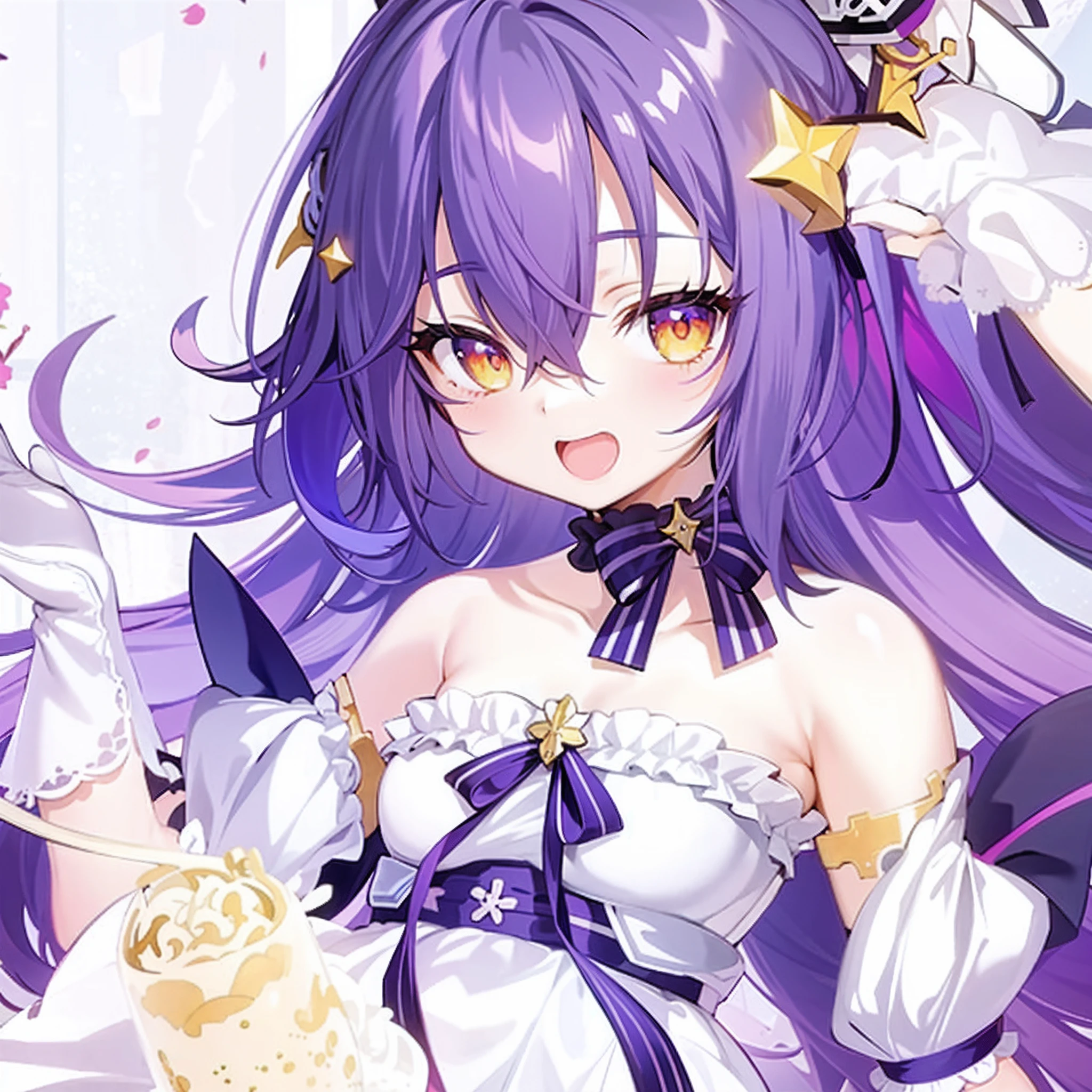 Anime girl with purple hair and white dress holding a bowl of noodles, Ayaka Genshin impact, anime moe art style, A scene from the《azur lane》videogame, Anime goddess, anime visual of a cute girl, ayaka game genshin impact, cute anime waifu in a nice dress, Splash art anime ****, Marin Kitagawa fanart, purple eyes and white dress