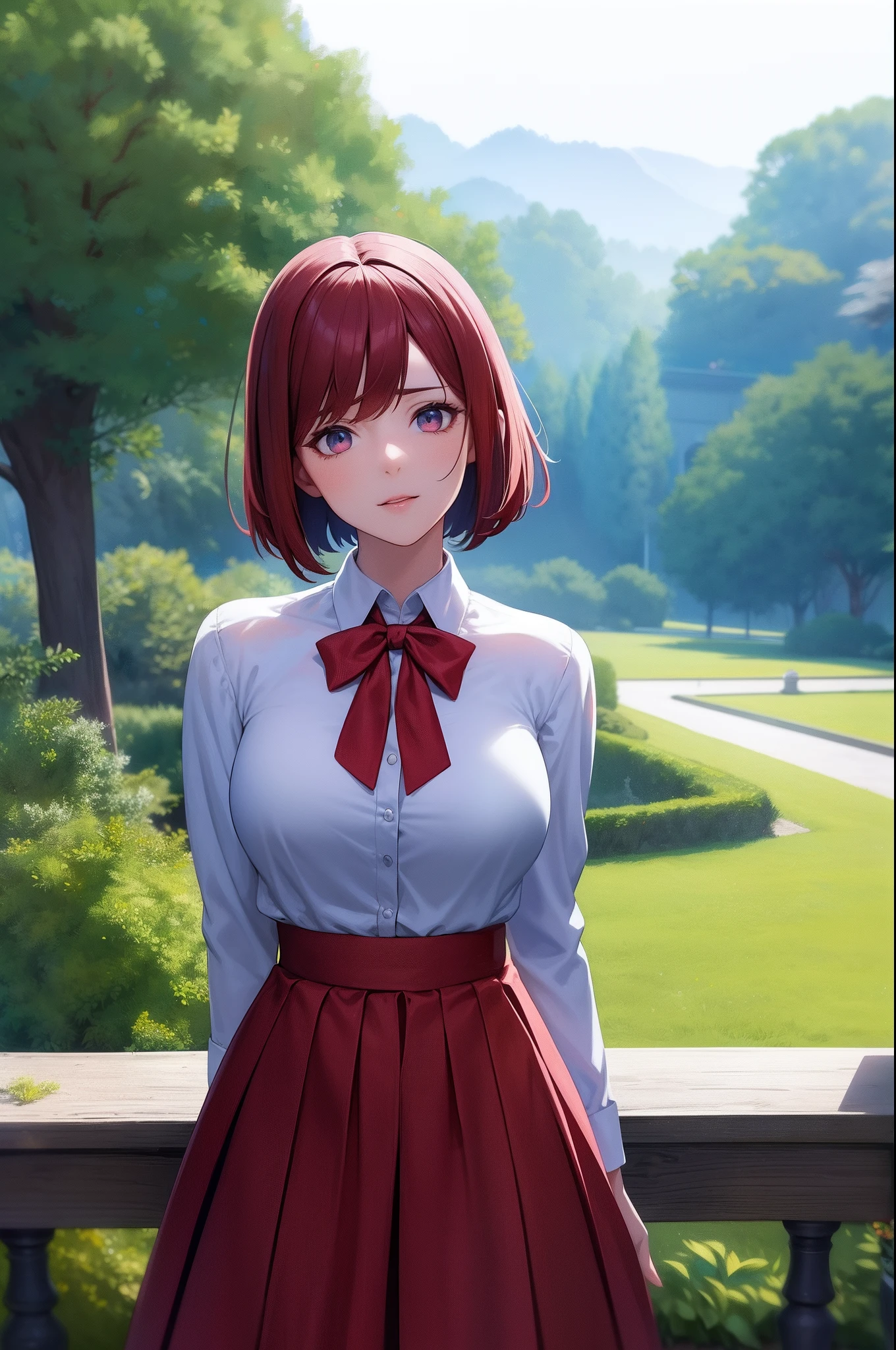 "Anime Waifu Frau im Alter von 18 Jahren ,1 Girl, in cute school uniform ,rote Krawatte,white shirt,Red Skirt,stehend,arms hidden behind the back, Sauberes, weiches Licht, Beautiful face with backlight, Upper body clearly visible ,half body portrait,closeup, Perfekt strahlende Haut , glattes rotes Haar,Bobcut, Rote Augen , Smileing, Garten im Hintergrund,Tageslicht, Digitale Farbmalerei, Auf ArtStation im Trend, Konzeptzeichnung, Hyperrealismus, Filmische Beleuchtung, Unreal Engine 64K UHD HDR , Studio Ghibli, Anime Key Visual, Von Makoto Shinkai , Professionelles Foto"