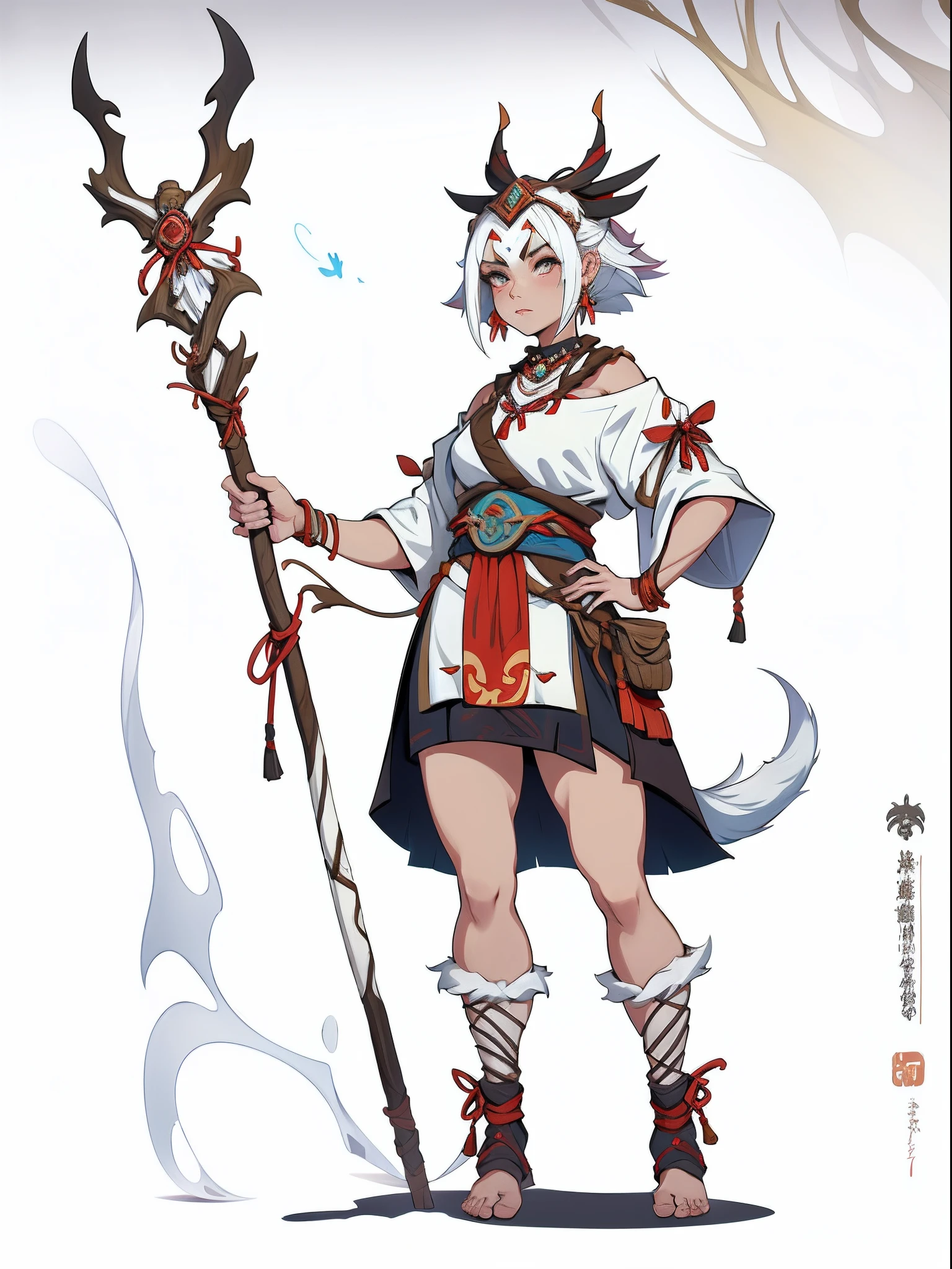 1girll ，((1girll))，((独奏))，full bodyesbian，European and American cartoon design，Primitive tribal elements，standing on your feet，the witcher，Staff in hand，feater，white backgrounid