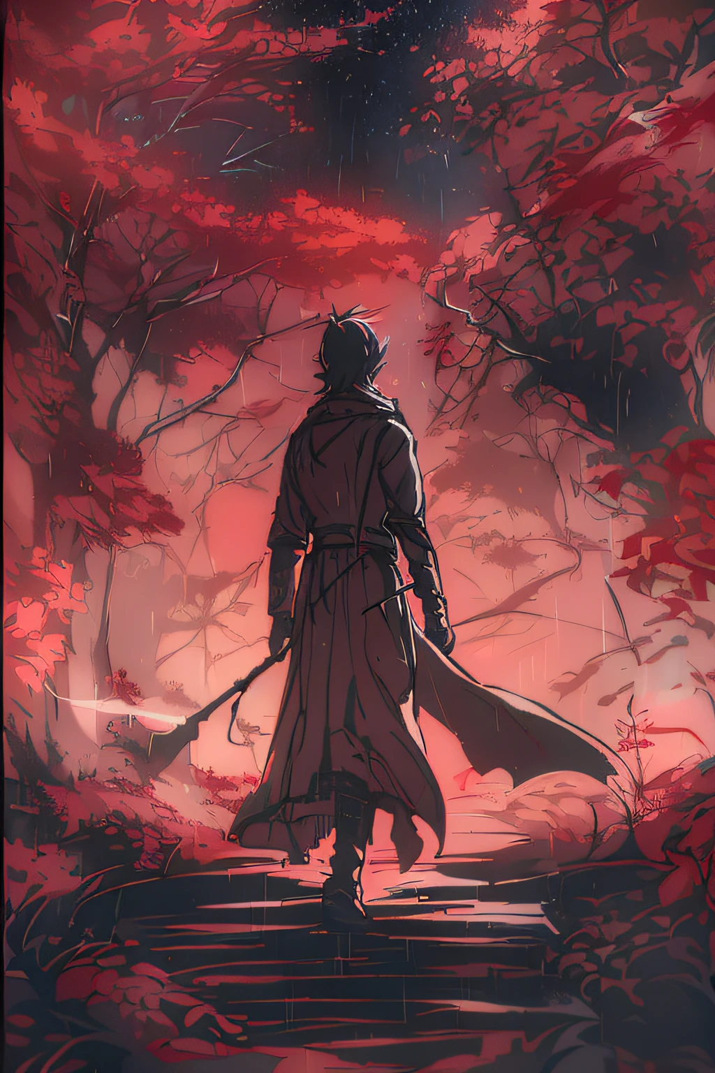 Anime - Style illustration of a man walking in a red forest in the rain, cyberpunk in foliage, Makoto Shinkai Cyril Rolando, handsome guy in demon killer art, illustration concept art, A beautiful artwork illustration, concept art digital illustration, anime lush john 8k woods, bloodborne style, dark high-contrast concept art, bloodborne art