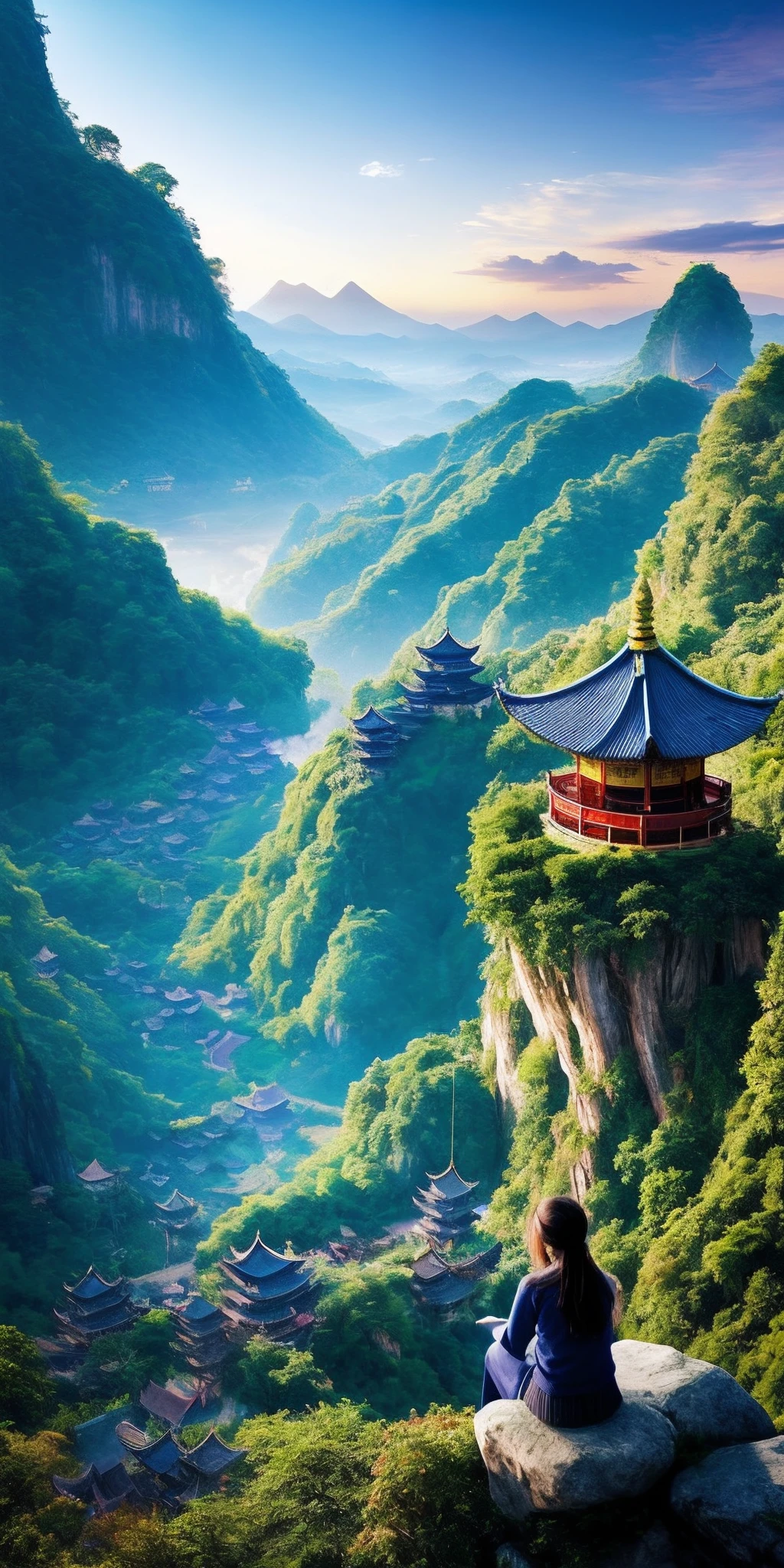 Chinese loft landscape, ink painting, color dull, cool tone, martial arts movie story style, highly detailed, dynamic, epic, realistic lighting and shadows, inspired by Jin Yong, vibrant, 8k, Octane rendering, Unreal Engine, very detailed , Concept Art, Realistic, Cry Engine, Masterpiece, Recent Quality --v 6