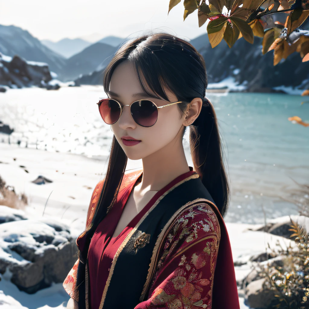 near pond,32K(tmasterpiece,k hd,hyper HD,32K)Burgundy double ponytail,flower stick,Indigo Skull King ,Hold the big G steering wheel (The skeleton is realistic:1.4),Python pattern robe,Silver skull flower ornaments,Sargin linen cloak,Petals flutter,Snow red marble sunglasses,Hold your head high,Be proud,The nostrils look at people, A high resolution, the detail, RAW photogr, Sharp Re, Nikon D850 Film Stock Photo by Jefferies Lee 4 Kodak Portra 400 Camera F1.6 shots, Rich colors, ultra-realistic vivid textures, Dramatic lighting, Unreal Engine Art Station Trend, cinestir 800,Hold your head high,Be proud,The nostrils look at people,Tsundere,Petals flutter,Petals flutter,Sprinkle with gold dust,Fluttering,Impeccable,( reasonable design, Clear lines, High sharpness,Best quality, Very detailed skeleton, The skeleton of a masterpiece, offcial art, movie light effect, 4K skeleton(((Snow red marble sunglasses)))Snow red marble sunglasses