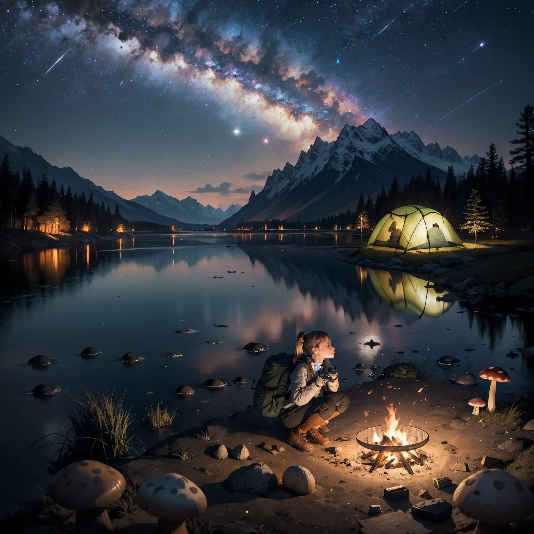 (mushroom), masterpiece, best quality, ultra-detailed, illustration, 1girl, solo, outdoors, camping, night, mountains, nature, stars, moon, bonfire, tent, twin ponytails, green eyes, cheerful, happy, backpack, sleeping bag, camping stove, water bottle, mountain boots, gloves, sweater, hat, flashlight, forest, rocks, river, wood, smoke, shadows, contrast, clear sky, constellations, Milky Way, peaceful, serene, quiet, tranquil, remote, secluded, adventurous, exploration, escape, independence, survival, resourcefulness, challenge, perseverance, stamina, endurance, observation, intuition, adaptability, creativity, imagination, artistry, inspiration, beauty, awe, wonder, gratitude, appreciation, relaxation, enjoyment, rejuvenation, mindfulness, awareness, connection, harmony, balance, texture, detail, realism, depth, perspective, composition, color, light, shadow, reflection, refraction, tone, contrast, foreground, middle ground, background, naturalistic, figurative, representational, impressionistic, expressionistic, abstract, innovative, experimental, unique