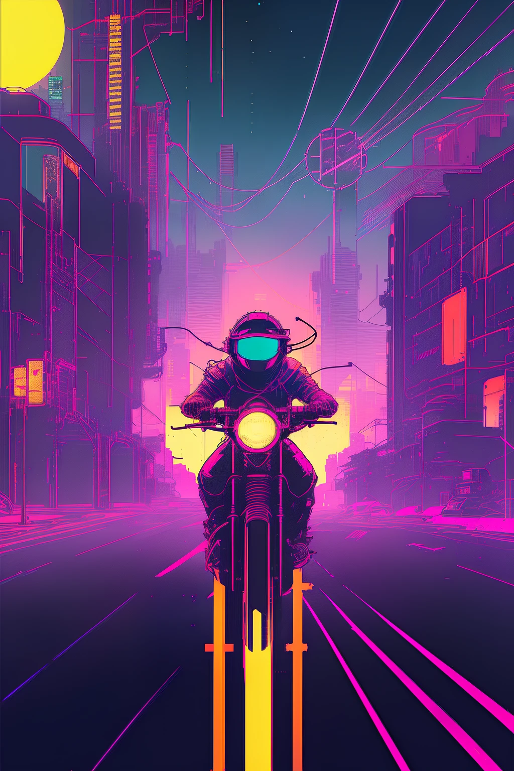 (nvinkpunk:1.2) snthwve style motorcyle, lightwave, sunset, intricate, highly detailed