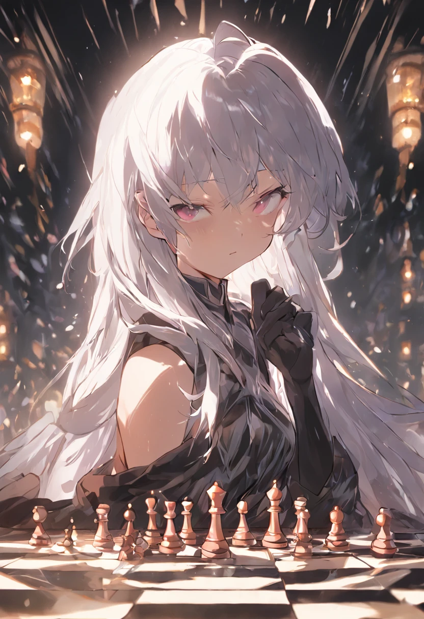 Silver-haired lady, Aimei, Black and white tiles, Playing chess, Gorgeous