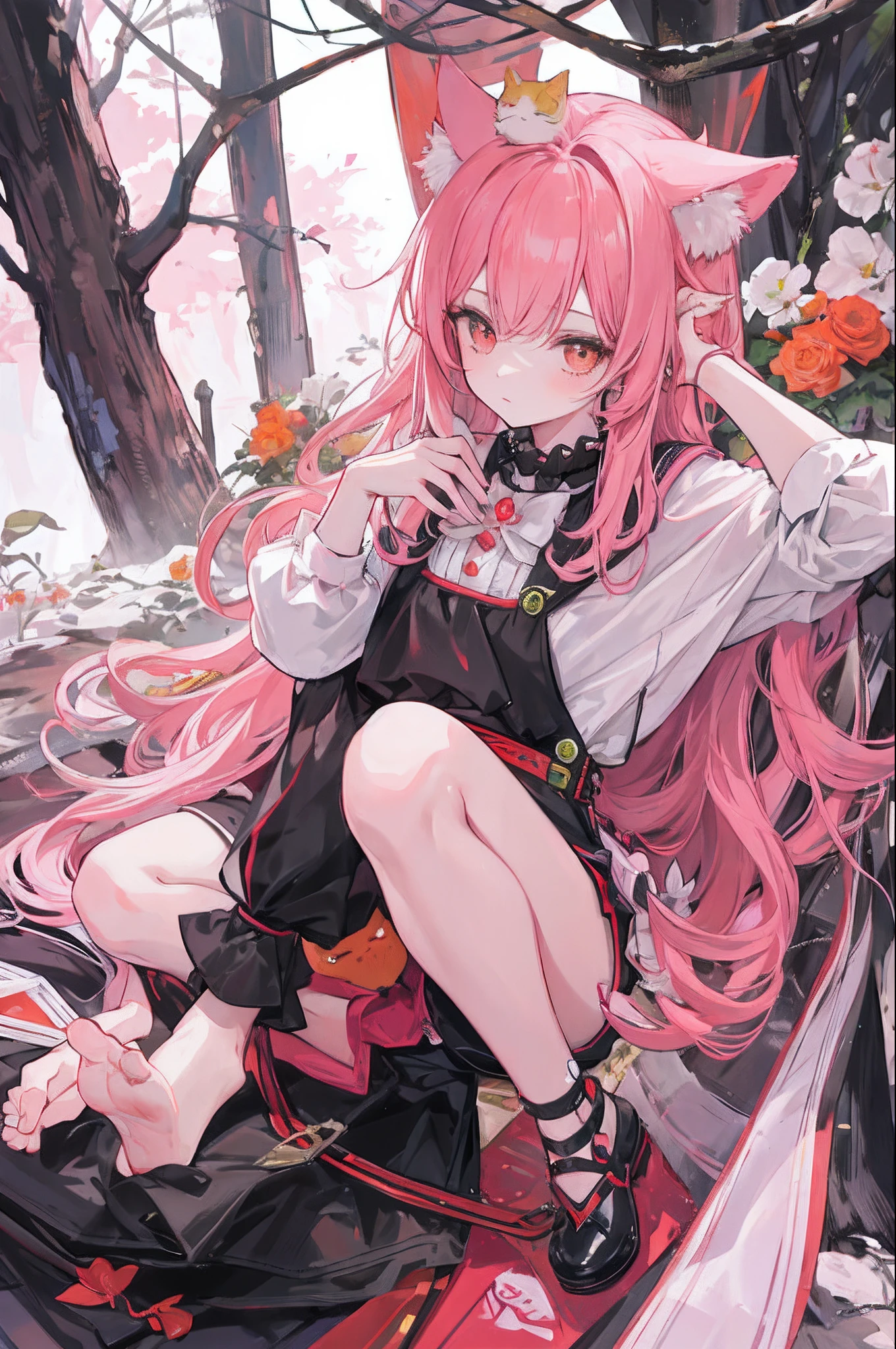 (tmasterpiece),(highest quality),Long pink hair,(cat ear:1.2),one-girl,Quiet forest,Cute orange kitten