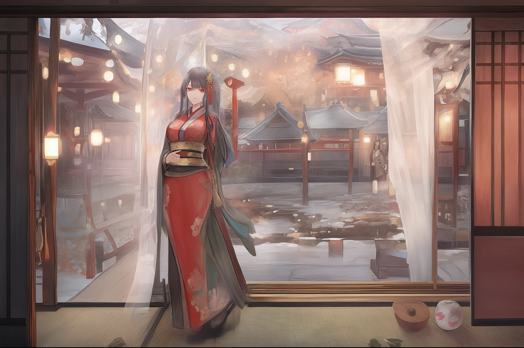 Yoshiwara, red-light district, courtesan, tattoos, slender, 16 years old, ukiyo-e, Japanese painting, watercolor painting, vibrant saturation, omitting outlines, numerous tattoos, full back tattoo, thigh tattoos, sad expression, unfortunate, red eyes, lowered gaze, plump cheeks, innocent, girl, Japanese, 170 centimeters tall, 25 kilograms in weight, fair skin.Wooden Architecture: Brothel buildings were constructed using wood and incorporated traditional Japanese architectural styles. Roofs were commonly covered with tiles, and they featured the traditional roof shapes of Japan.  Grand Entrances: The entrances of these buildings were elaborately decorated, often adorned with lavish embellishments. Lanterns and banners were used to attract attention to the establishment.  Lattice Doors and Shoji Screens: Windows and doors were fitted with lattice doors and shoji screens, making it difficult to see inside from outside. This design ensured privacy and discretion.  Interior Design: The interiors of the buildings were opulently adorned. The individual rooms for clients were partitioned with tatami-covered floors and shoji screens, featuring a characteristic Japanese-style decor.  Gardens: Some brothels included small gardens where clients and courtesans could enjoy peaceful moments together.  Signs and Curtains: Signs and curtains with the brothel's name and business information were hung outside the building. These helped passersby and customers identify the establishment.  Please note that the historical context and cultural practices surrounding brothels have evolved over time, and the translation provided is based on the provided information.