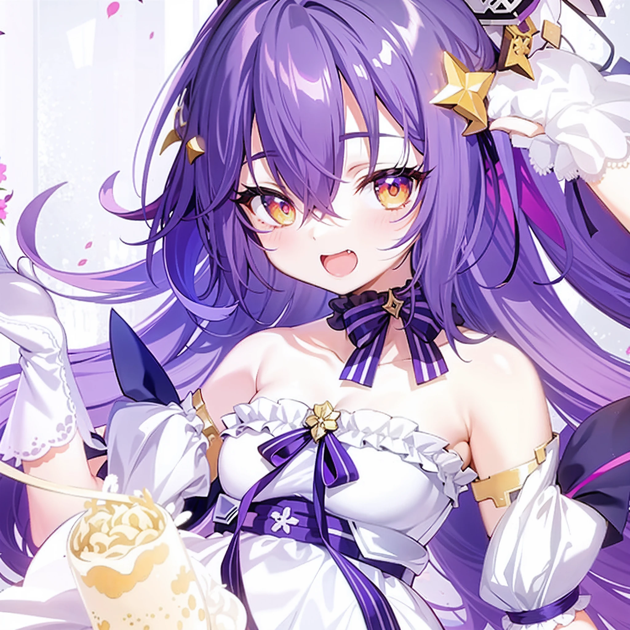 Anime girl with purple hair and white dress holding a bowl of noodles, Ayaka Genshin impact, Anime moe art style, A scene from the《azur lane》videogame, Anime goddess, anime visual of a cute girl, ayaka game genshin impact, cute anime waifu in a nice dress, Splash art anime ****, Marin Kitagawa fanart, purple eyes and white dress