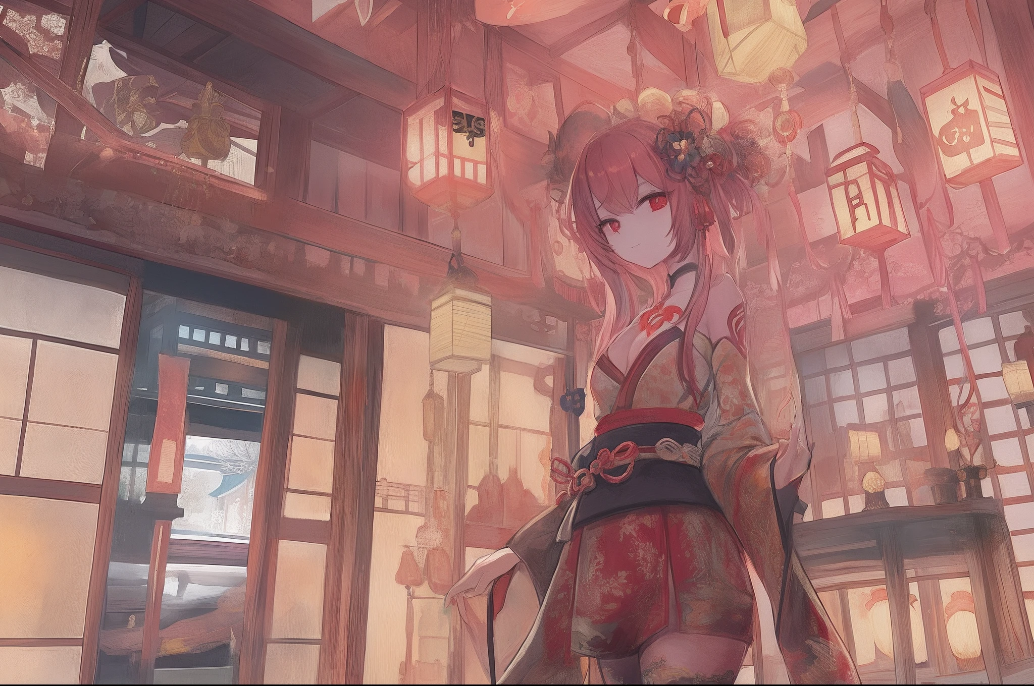 Yoshiwara, red-light district, courtesan, tattoos, slender, , ukiyo-e, Japanese painting, watercolor painting, vibrant saturation, omitting outlines, numerous tattoos, full back tattoo, thigh tattoos, sad expression, unfortunate, red eyes, lowered gaze, plump cheeks, innocent, girl, Japanese, 170 centimeters tall, 25 kilograms in weight, fair skin.Wooden Architecture: Brothel buildings were constructed using wood and incorporated traditional Japanese architectural styles. Roofs were commonly covered with tiles, and they featured the traditional roof shapes of Japan. Grand Entrances: The entrances of these buildings were elaborately decorated, often adorned with lavish embellishments. Lanterns and banners were used to attract attention to the establishment. Lattice Doors and Shoji Screens: Windows and doors were fitted with lattice doors and shoji screens, making it difficult to see inside from outside. This design ensured privacy and discretion. Interior Design: The interiors of the buildings were opulently adorned. The individual rooms for clients were partitioned with tatami-covered floors and shoji screens, featuring a characteristic Japanese-style decor. Gardens: Some brothels included small gardens where clients and courtesans could enjoy peaceful moments together. Signs and Curtains: Signs and curtains with the brothel's name and business information were hung outside the building. These helped passersby and customers identify the establishment. Please note that the historical context and cultural practices surrounding brothels have evolved over time, and the translation provided is based on the provided information.
