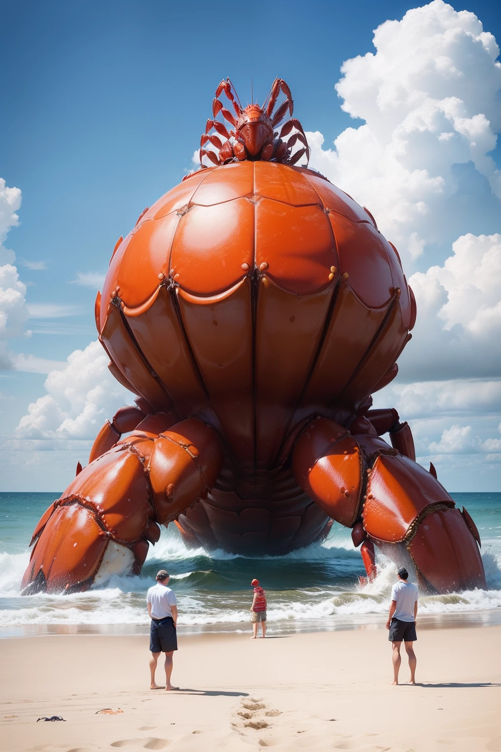 People stand around giant lobsters on a beach by the sea, giant crab, monster ashore, crab monster, ocean giant creature bloop, huge crab, huge creature, hermit crab titan, crustacean, huge creature, Jordan Peterson as Lobster, tiger - crab creature, crustacean head, sea monster, crabs, a creature 5 meters tall