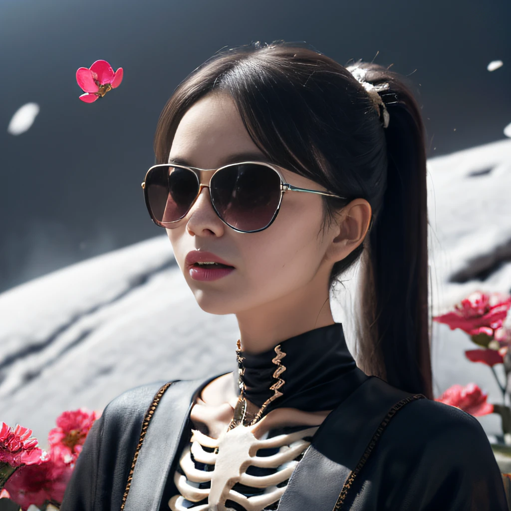 Wear ivory rimless sunglasses,32K(tmasterpiece,k hd,hyper HD,32K)Burgundy double ponytail,Glass canopy area,Indigo Skull King ,Hold the big G steering wheel (The skeleton is realistic:1.4),Python pattern robe,Silver skull flower ornaments,golden cape,Petals flutter,Colored ball head,Hold your head high,Be proud,The nostrils look at people, A high resolution, the detail, RAW photogr, Sharp Re, Nikon D850 Film Stock Photo by Jefferies Lee 4 Kodak Portra 400 Camera F1.6 shots, Rich colors, ultra-realistic vivid textures, Dramatic lighting, Unreal Engine Art Station Trend, cinestir 800,Hold your head high,Be proud,The nostrils look at people,Tsundere,Petals flutter,Petals flutter,Sprinkle with gold dust,Fluttering,Impeccable,( reasonable design, Clear lines, High sharpness,Best quality, Very detailed skeleton, The skeleton of a masterpiece, offcial art, movie light effect, 4K skeleton(((Wear ivory rimless sunglasses)))