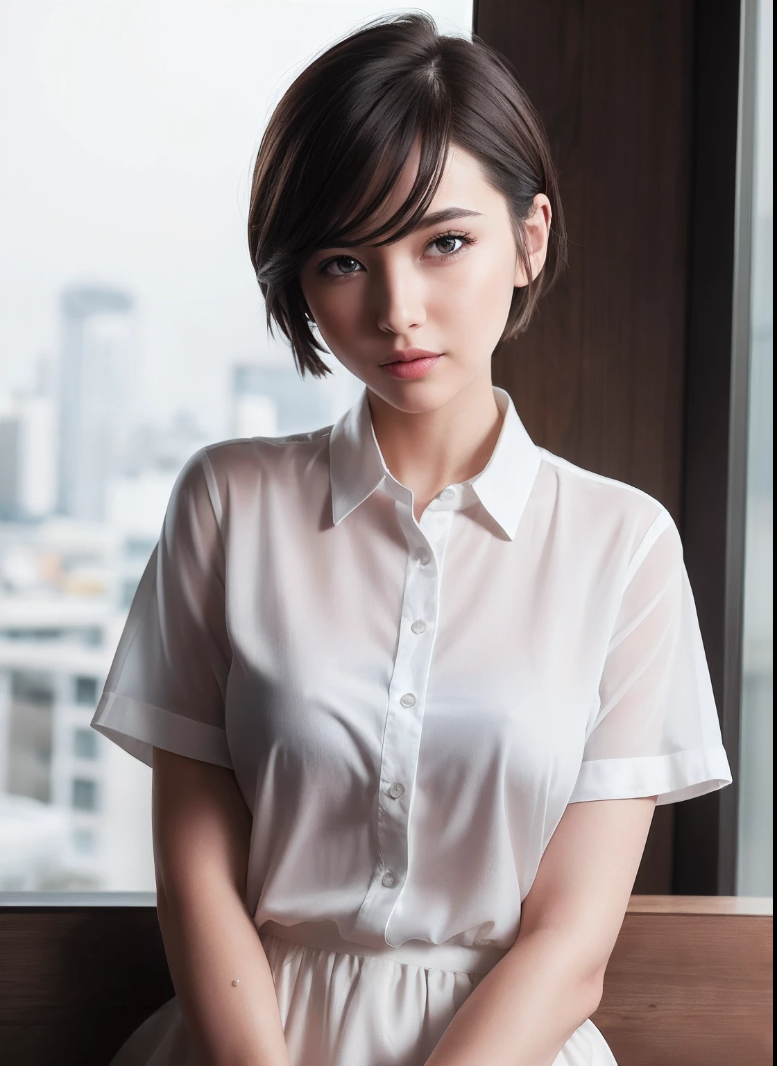 (8k, Best Quality, Masterpiece: 1.2), (Realistic, Realistic: 1.37), Ultra Detailed, 1 Girl, Cute, Solo, Beautiful Detailed Sky, Detailed Cafe, Night, Sitting, Dating, ( red nose), (smile: 1.15), (shut up) small breasts, beautiful and delicate eyes, (collared shirt: 1.1), night, wet, business attire, rain, white lace, (short hair: 1.2), flowing hair NovaFrogStyle,