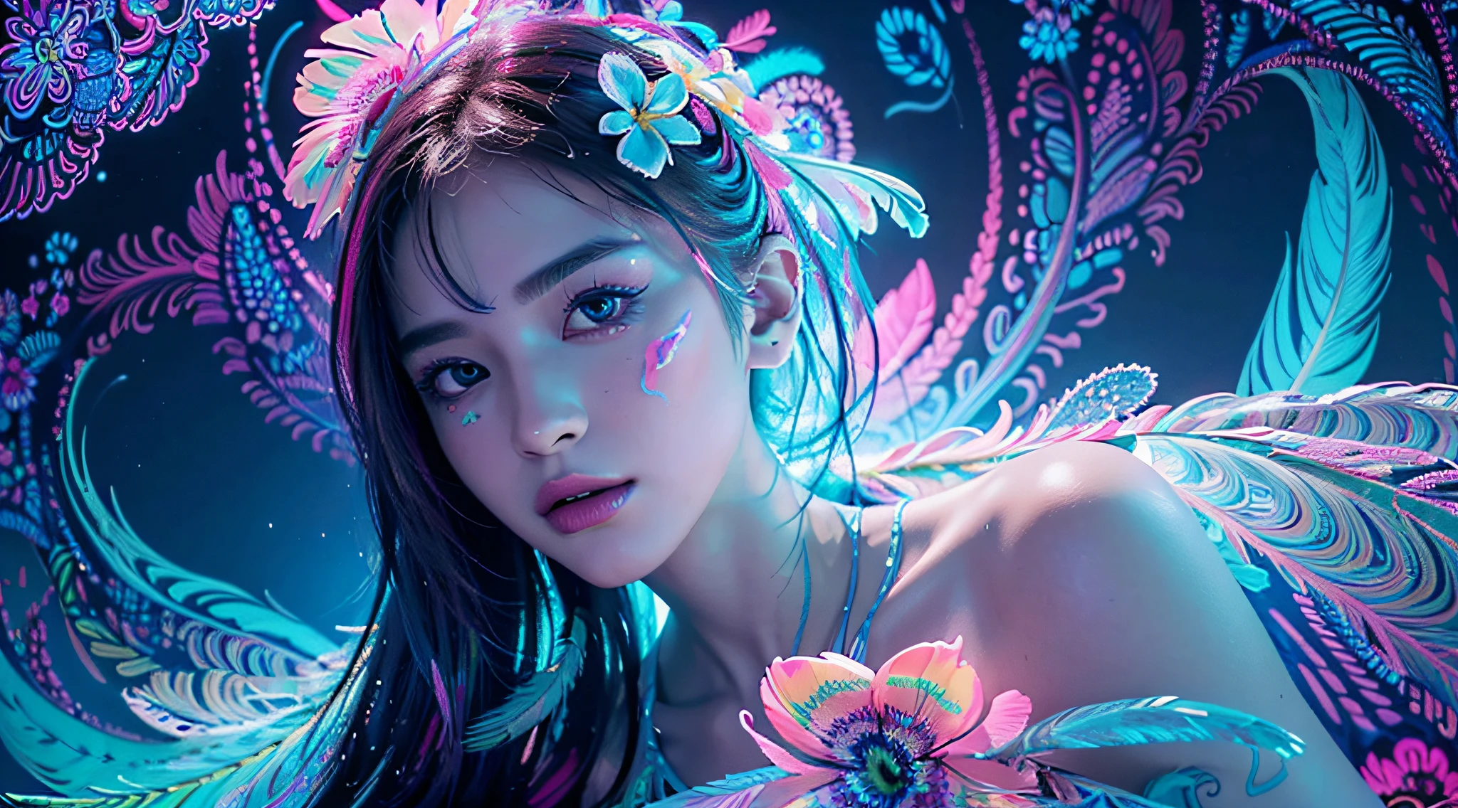 (masterpiece, top quality, best quality, official art, beautiful and aesthetic:1.2), (1girl:1.3), extremely detailed,(fractal art:1.2),colorful,highest detailed,( zentangle neon:1.2), (dynamic pose), (abstract background neon:1.5), (treditional dress:1.2), (shiny skin), (many colors:1.4), upper body ,Neon,16K,Full HD