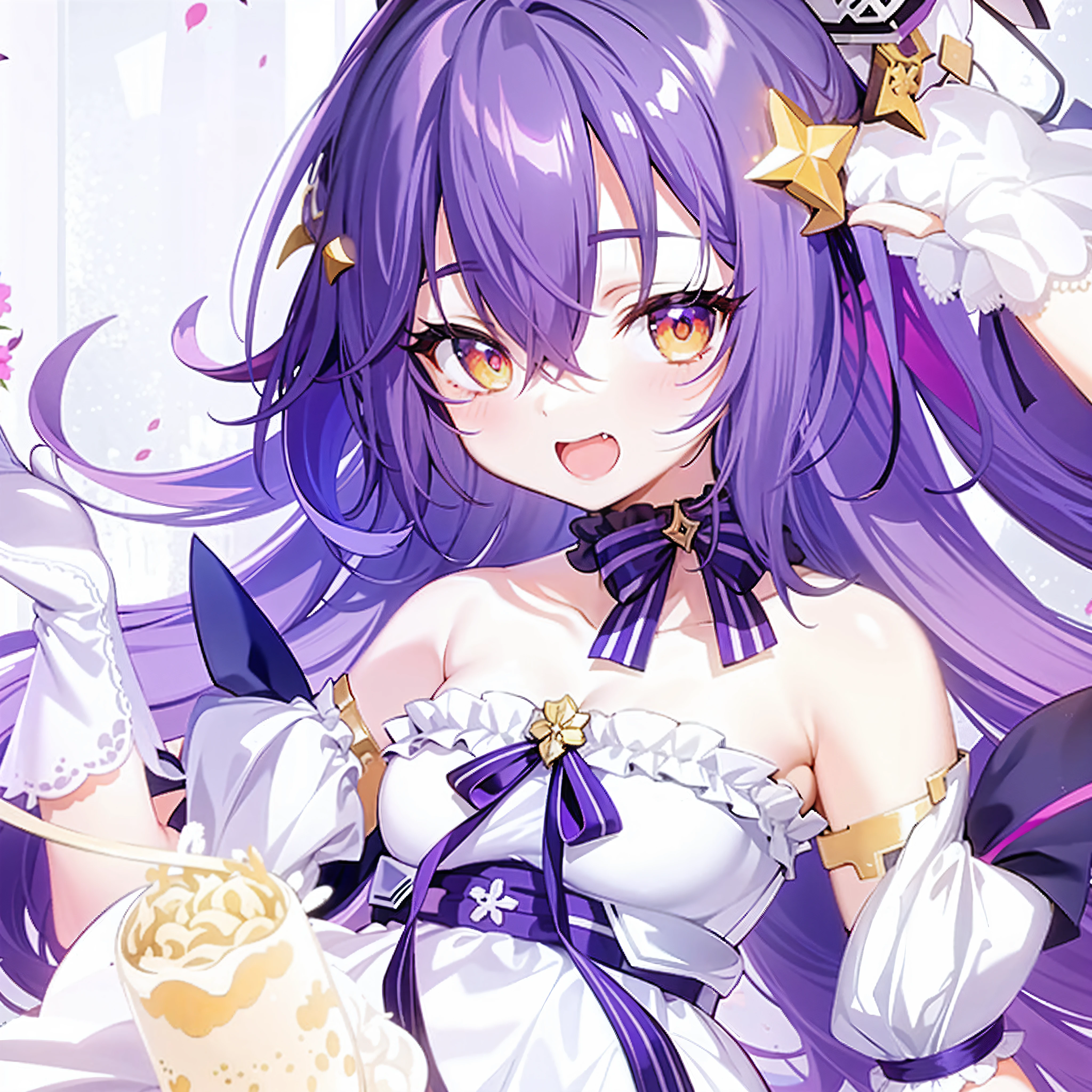 Anime girl with purple hair and white dress holding a bowl of noodles, Ayaka Genshin impact, Anime moe art style, A scene from the《azur lane》videogame, Anime goddess, anime visual of a cute girl, ayaka game genshin impact, cute anime waifu in a nice dress, Splash art anime ****, Marin Kitagawa fanart, purple eyes and white dress